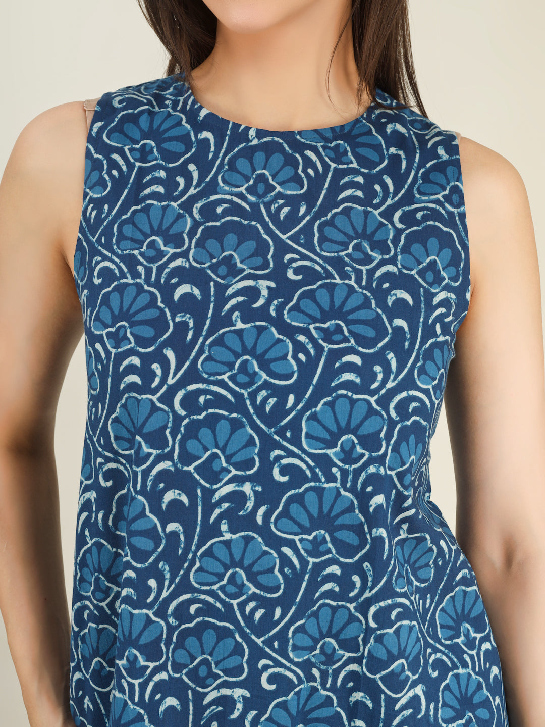 Blue Printed Sleeveless A-Line Cotton Dress