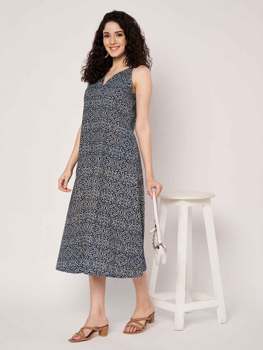 Blue Printed Sleeveless A-Line Cotton Dress