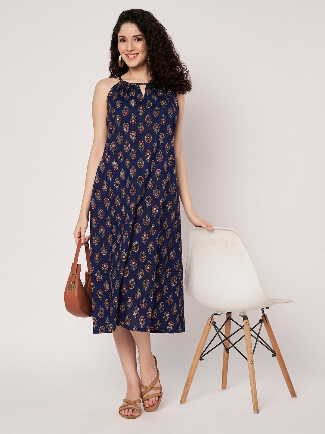 Navy Blue Printed Sleeveless A-Line Cotton Dress