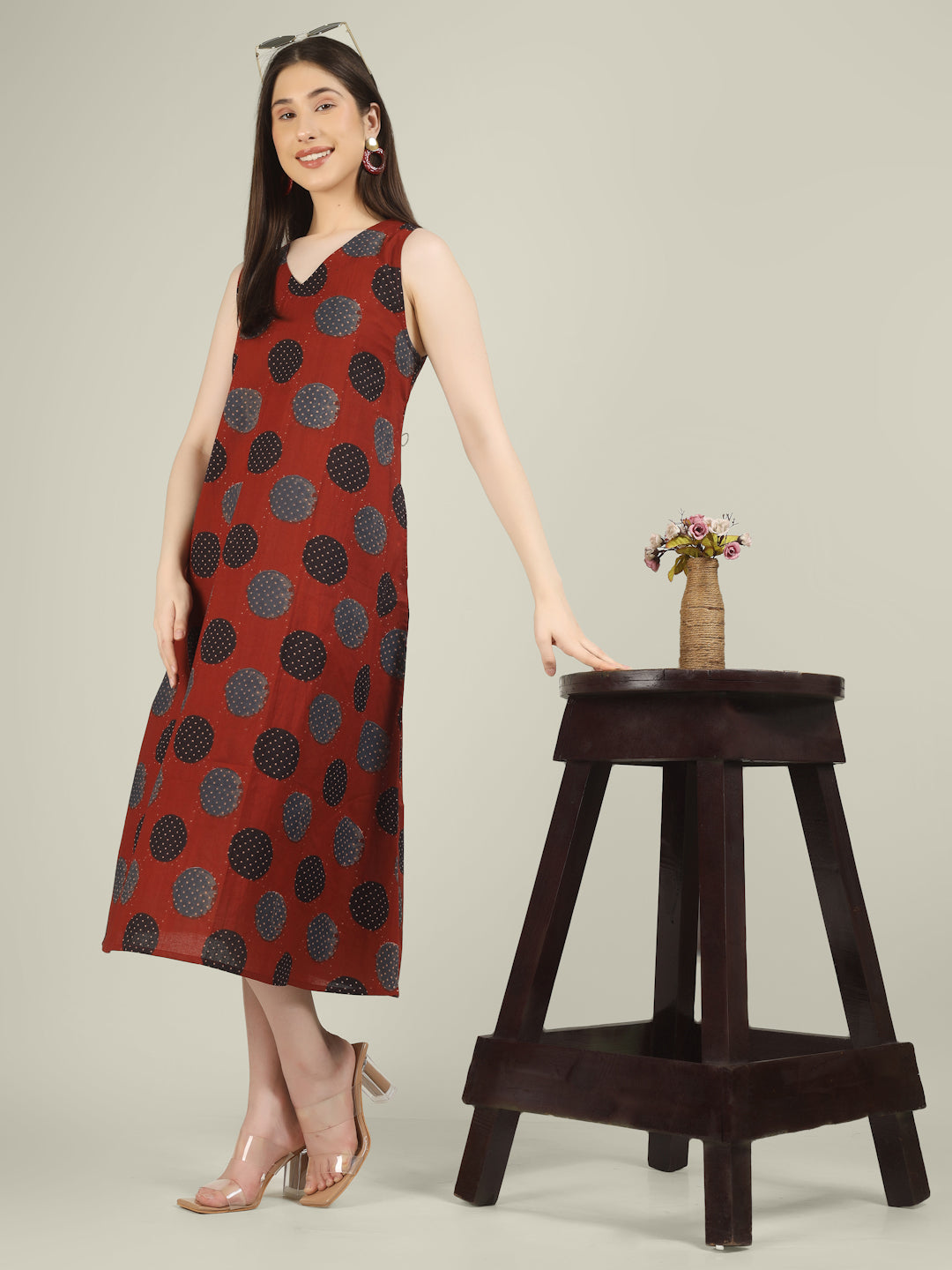 Maroon Printed V-Neck Sleeveless A-Line Cotton Dress