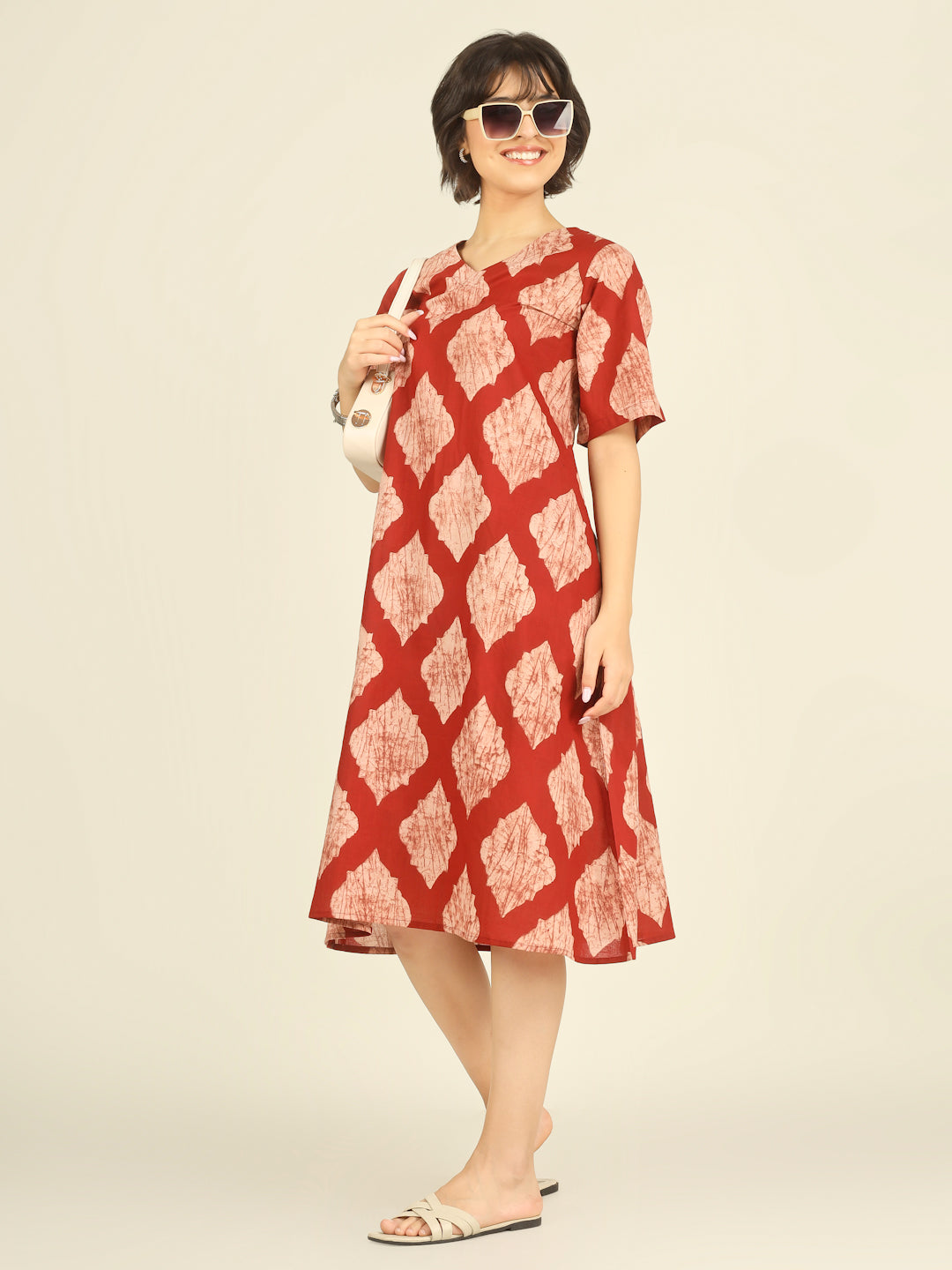 Red Printed Half-Sleeve A-Line Cotton Dress