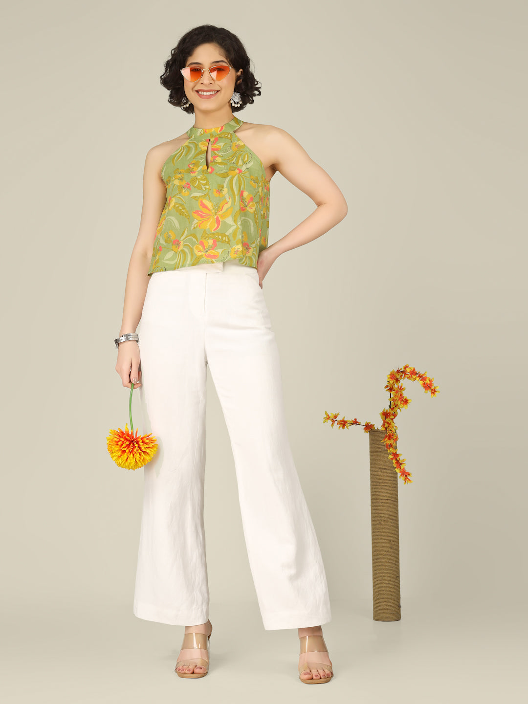 Green Printed Halter Neck Sleeveless Cotton Top