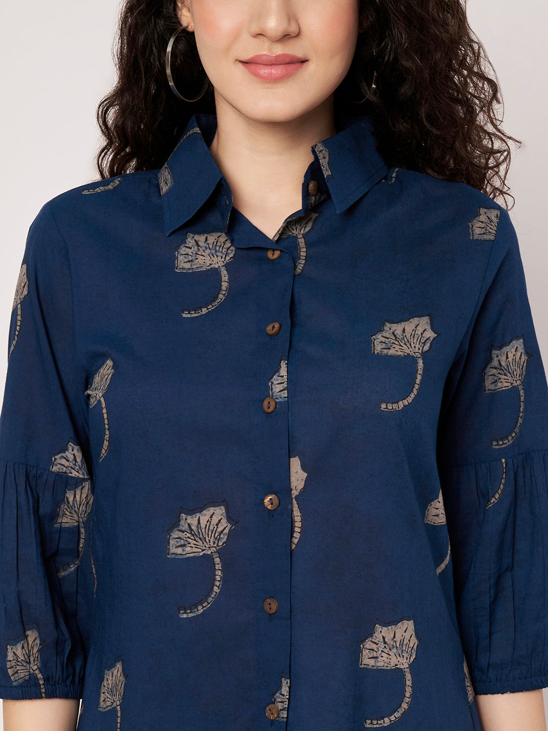 Navy Blue Printed Short Cotton Dress