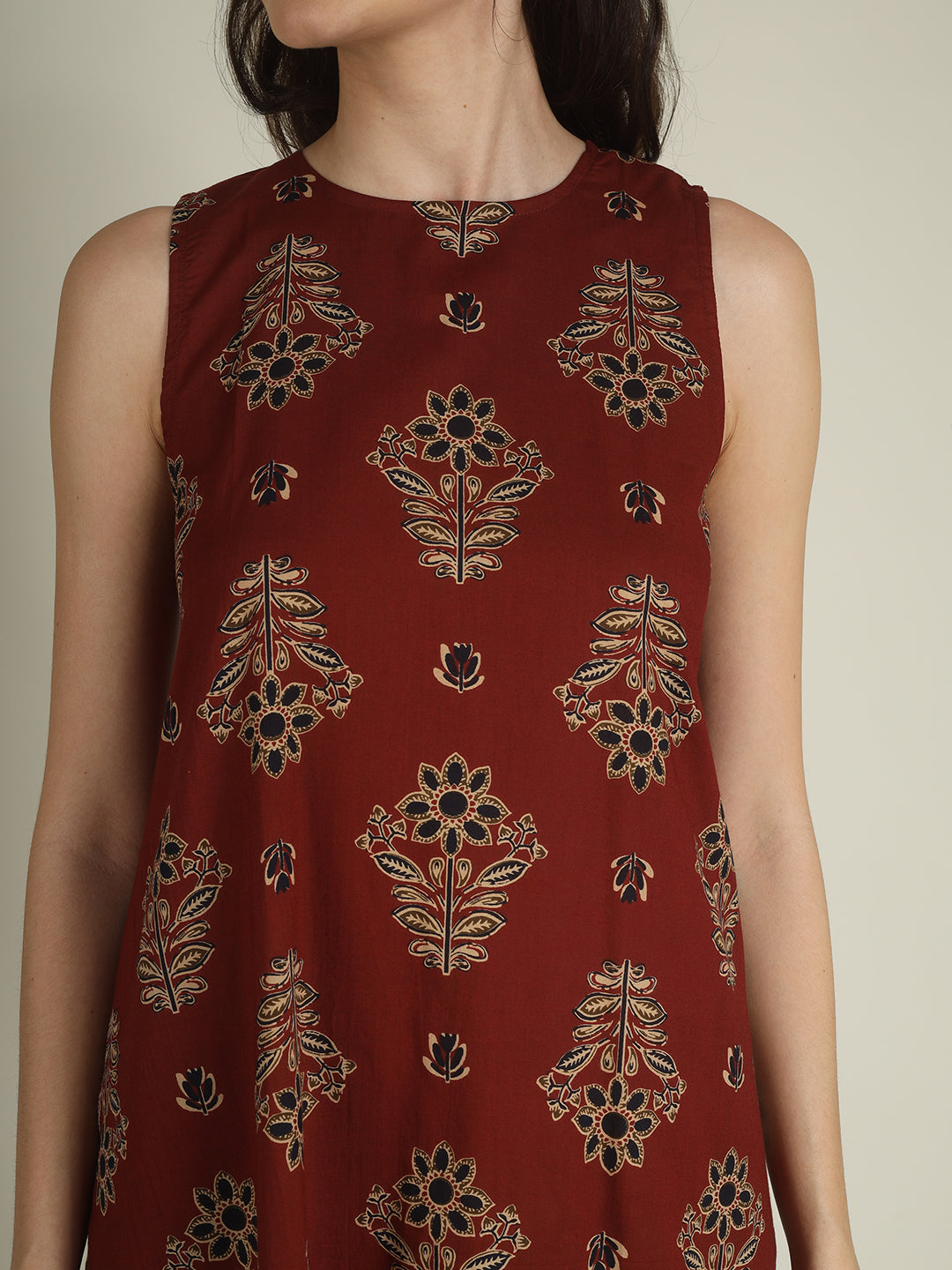 Maroon Printed Sleeveless A-Line Cotton Dress