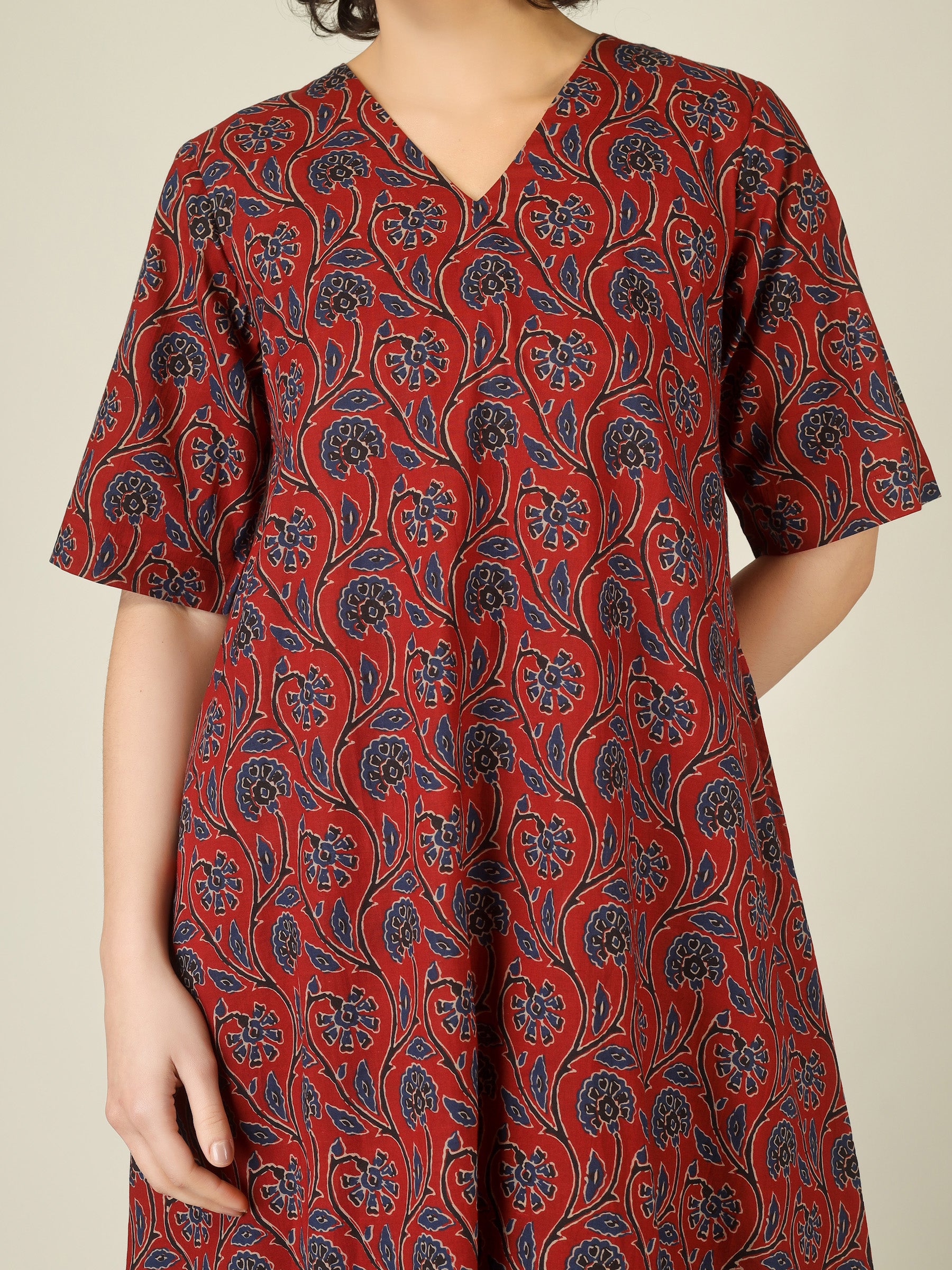 Maroon Printed Half-Sleeve A-Line Cotton Dress
