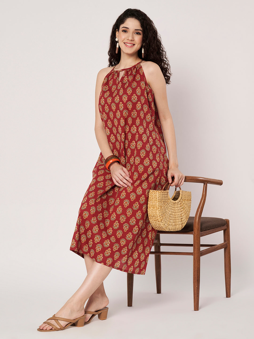 Maroon Printed Sleeveless A-Line Cotton Dress