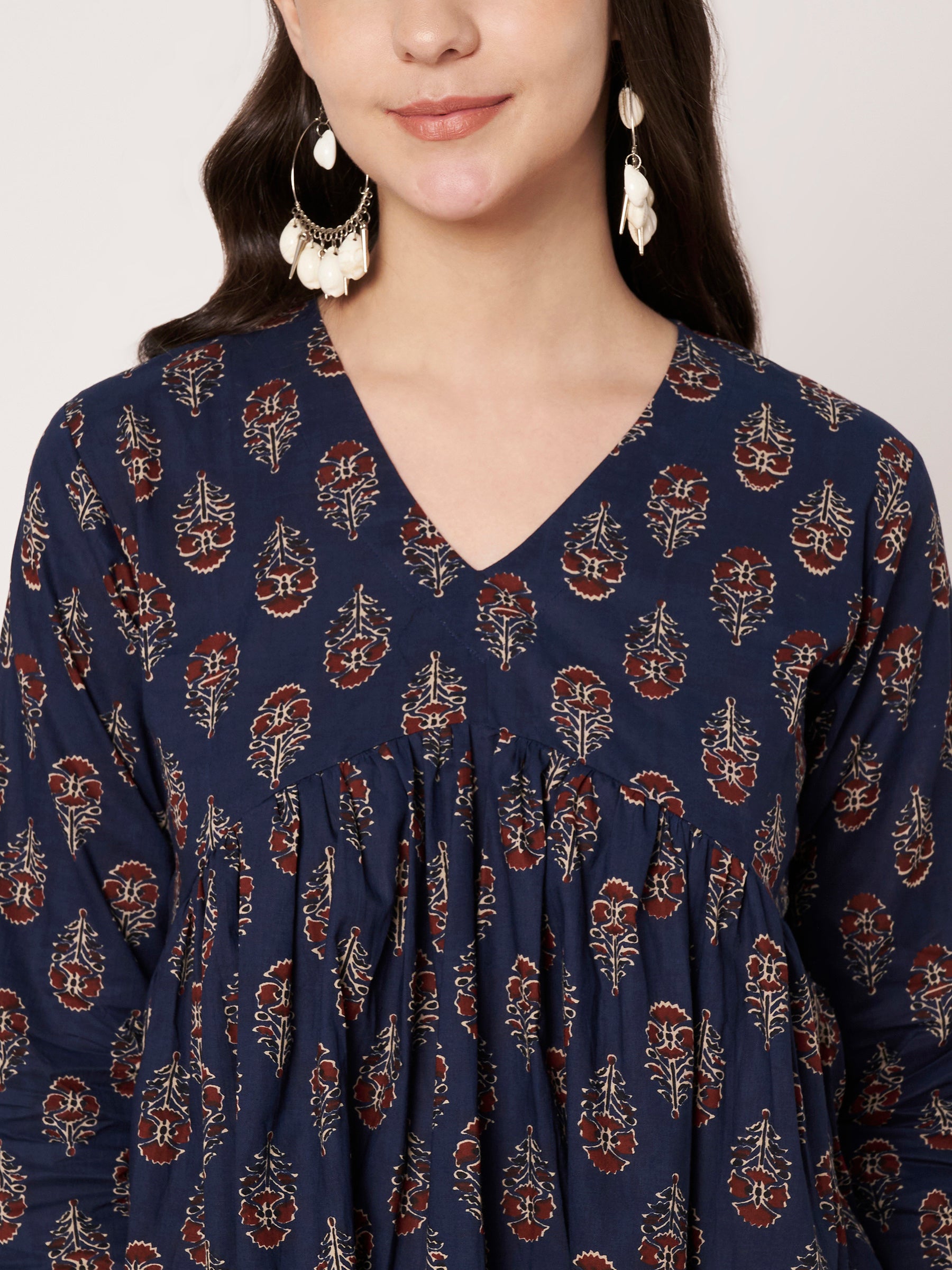 Navy Blue Printed Alia-Cut Cotton Top