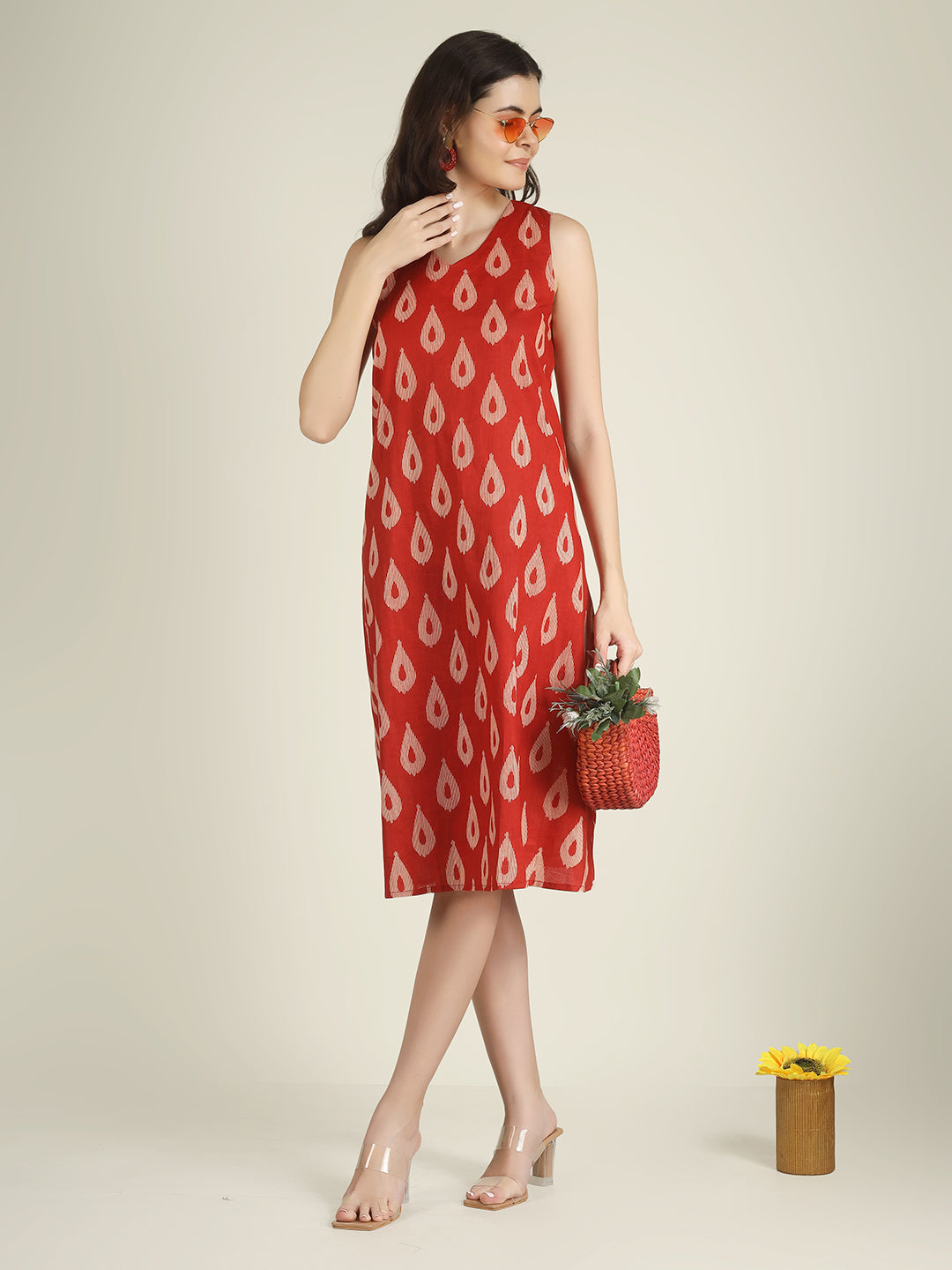 Red Printed Sleeveless V-Neck A-Line Cotton Dress