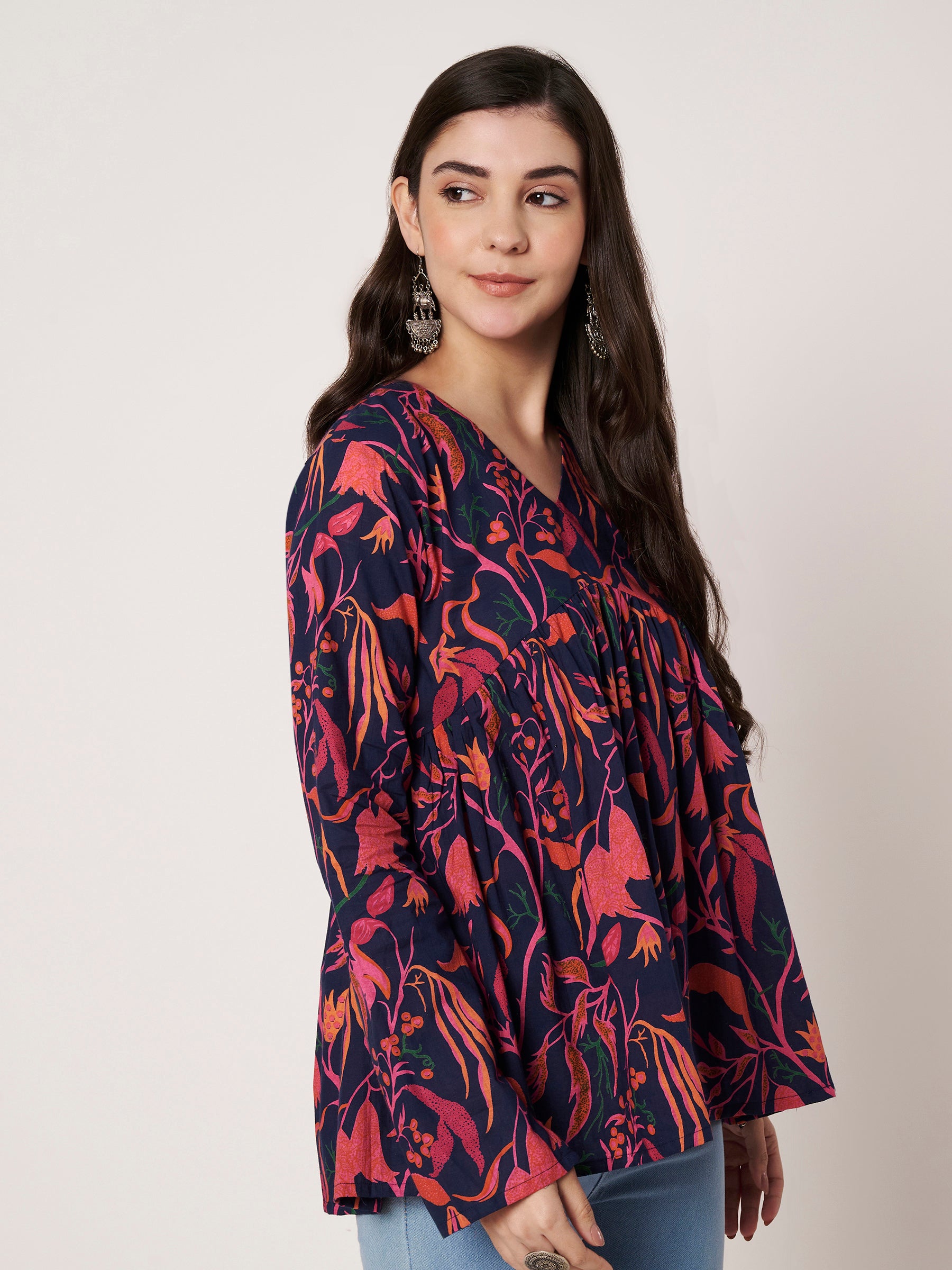 Dark Blue Printed Alia-Cut Cotton Top
