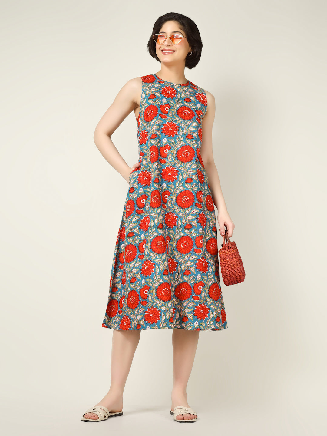 Blue Printed Sleeveless A-Line Cotton Dress