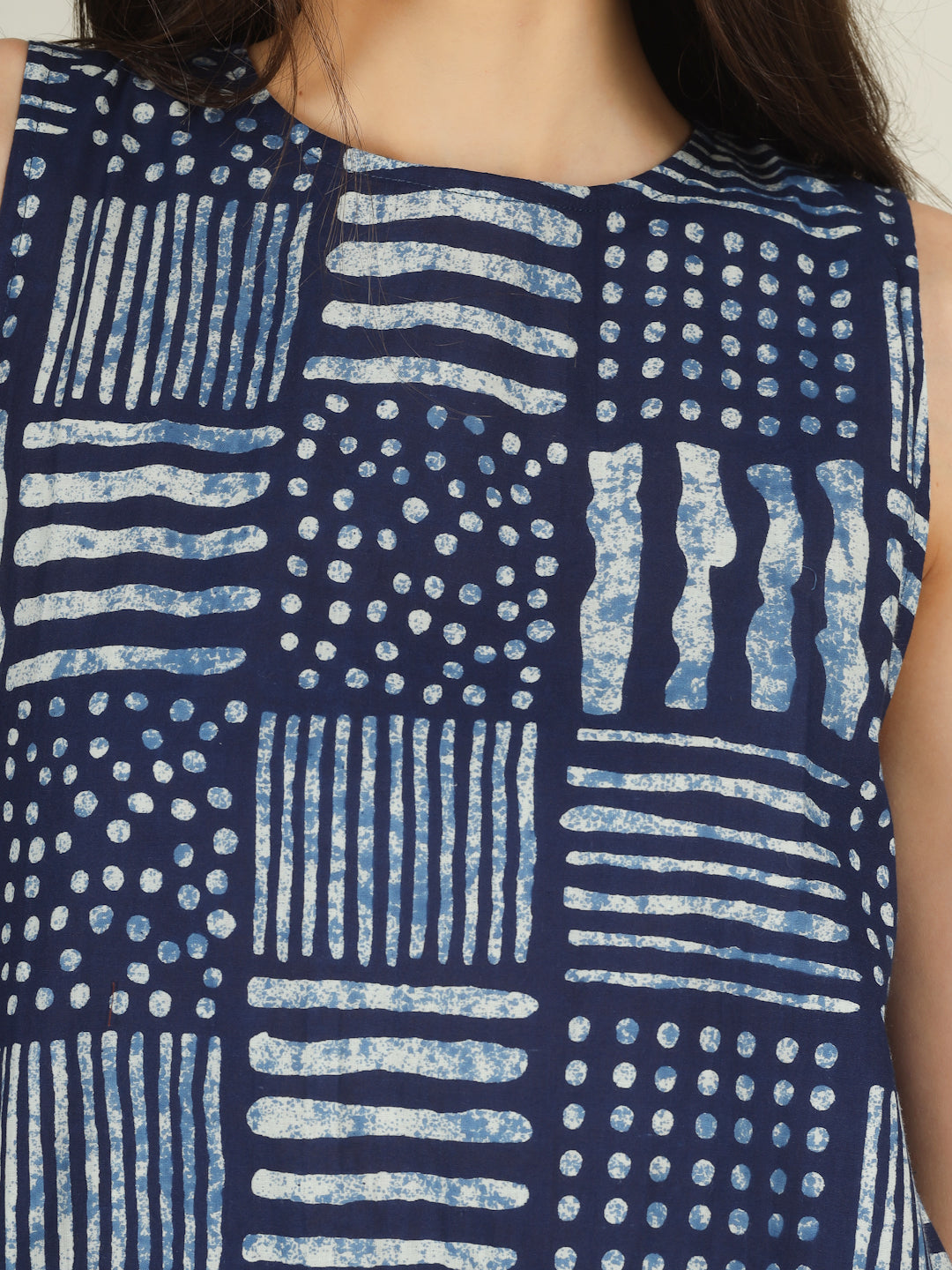 Blue Printed Sleeveless A-Line Cotton Dress