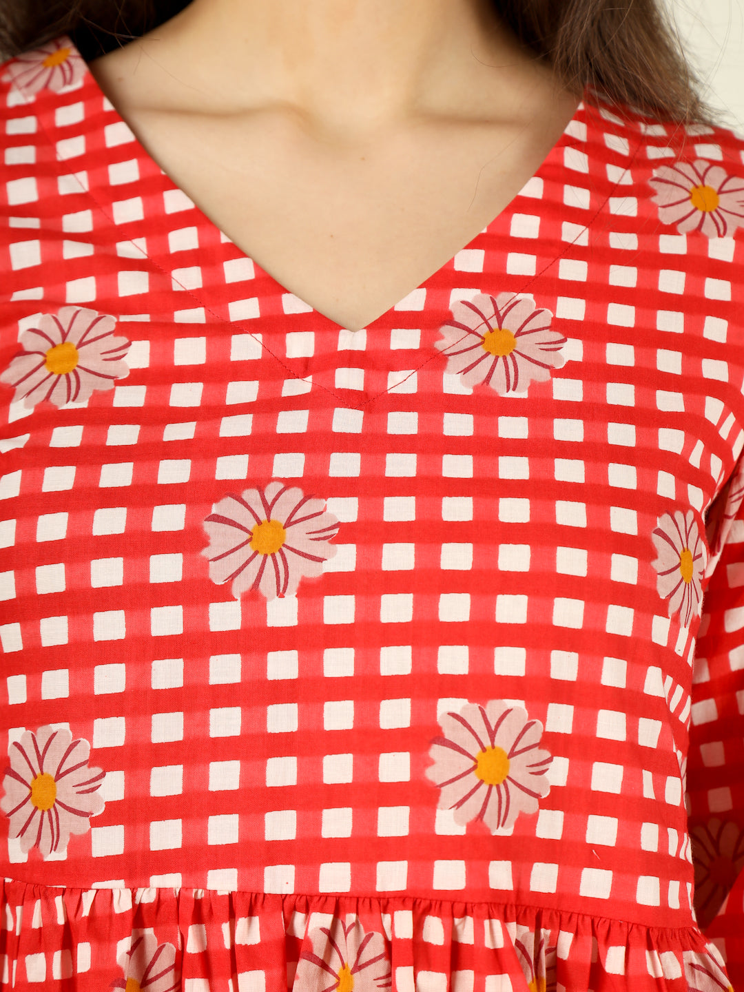 Red Checked Cotton Peplum Top