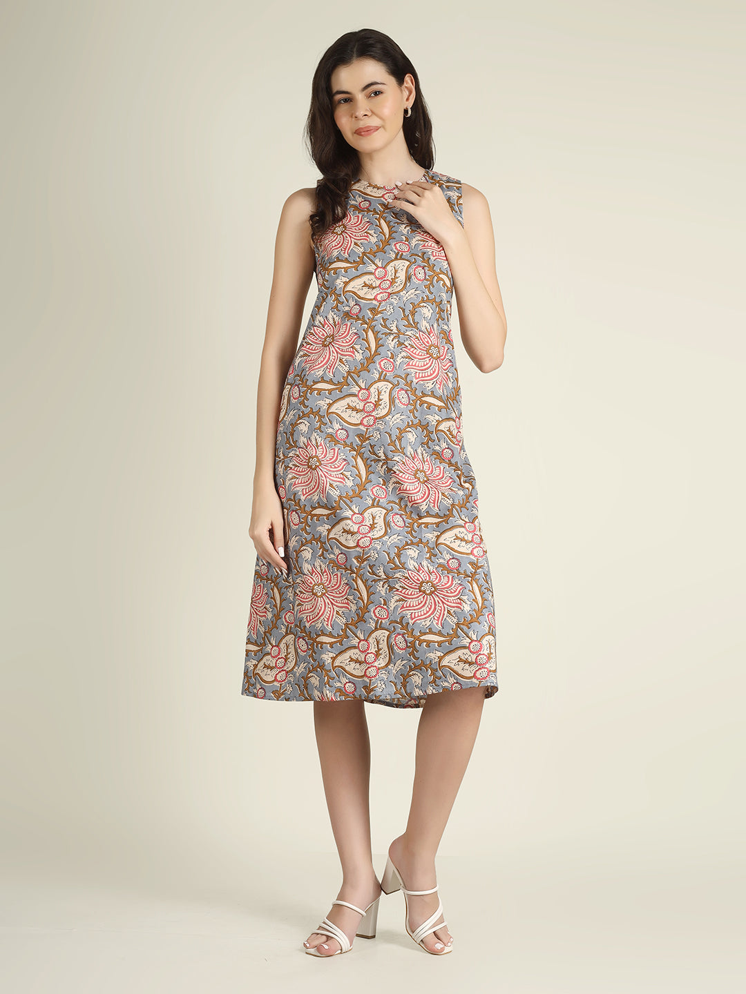 Grey Printed Sleeveless A-Line Cotton Dress