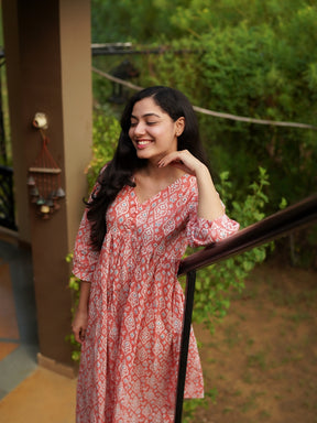 Peach Orange Printed Flared Cotton Dress