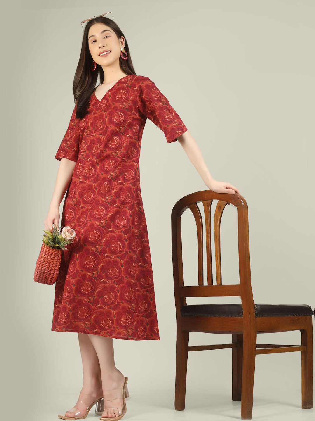 Pink Printed Half-Sleeve A-Line Cotton Dress