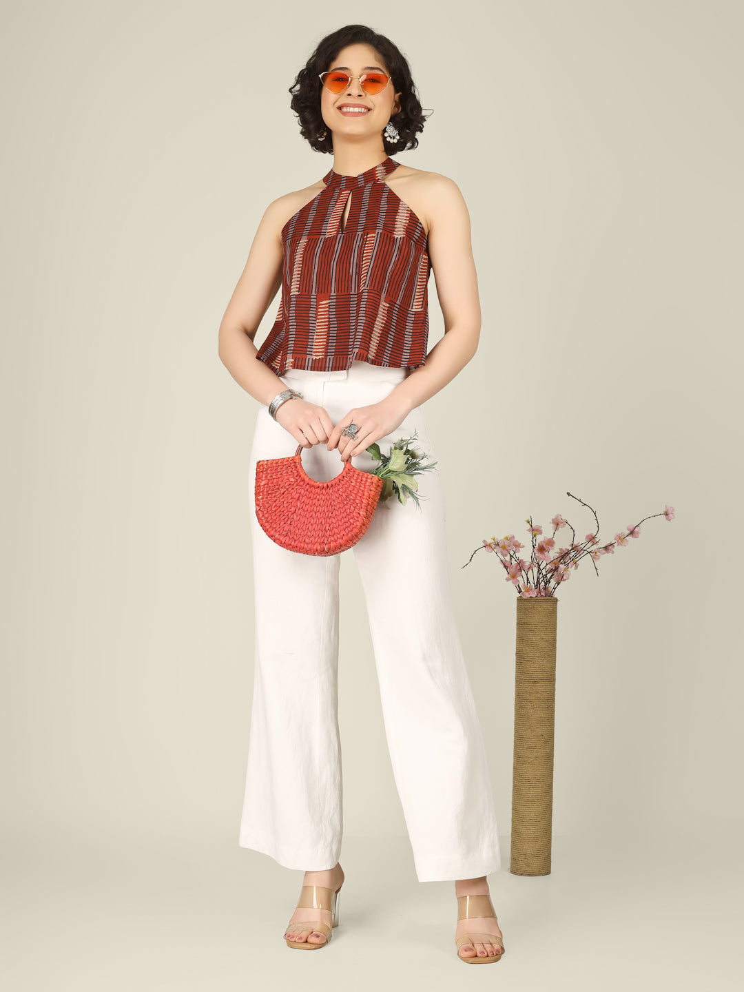 Rust Printed Halter Neck Sleeveless Cotton Top