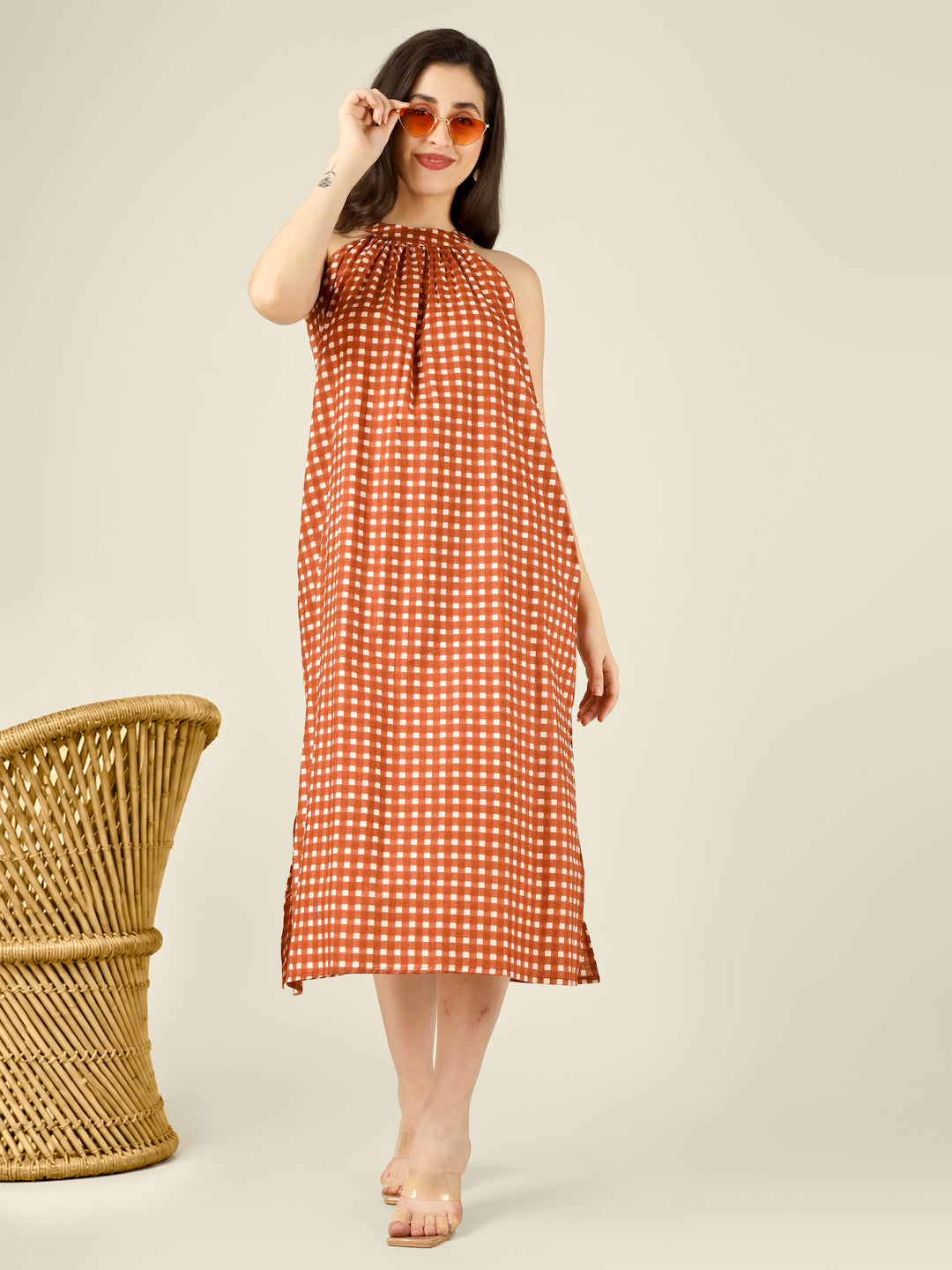 Brown Checked Halter Neck Long Sleeveless Cotton Dress
