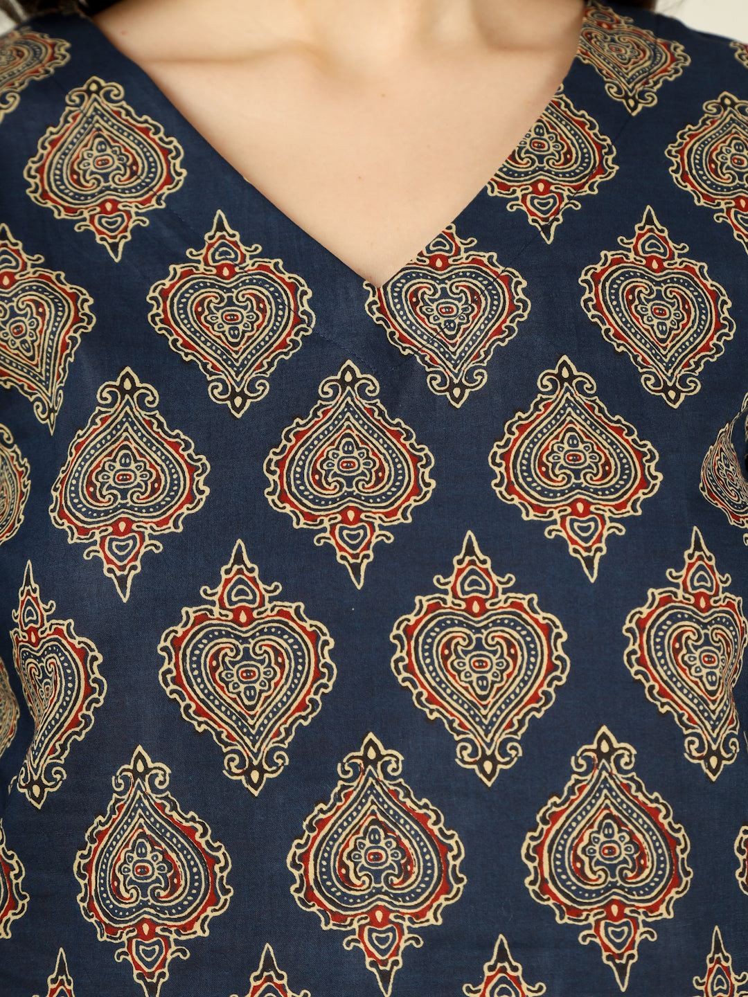 Navy Blue Printed Straight Bell-Sleeves Top