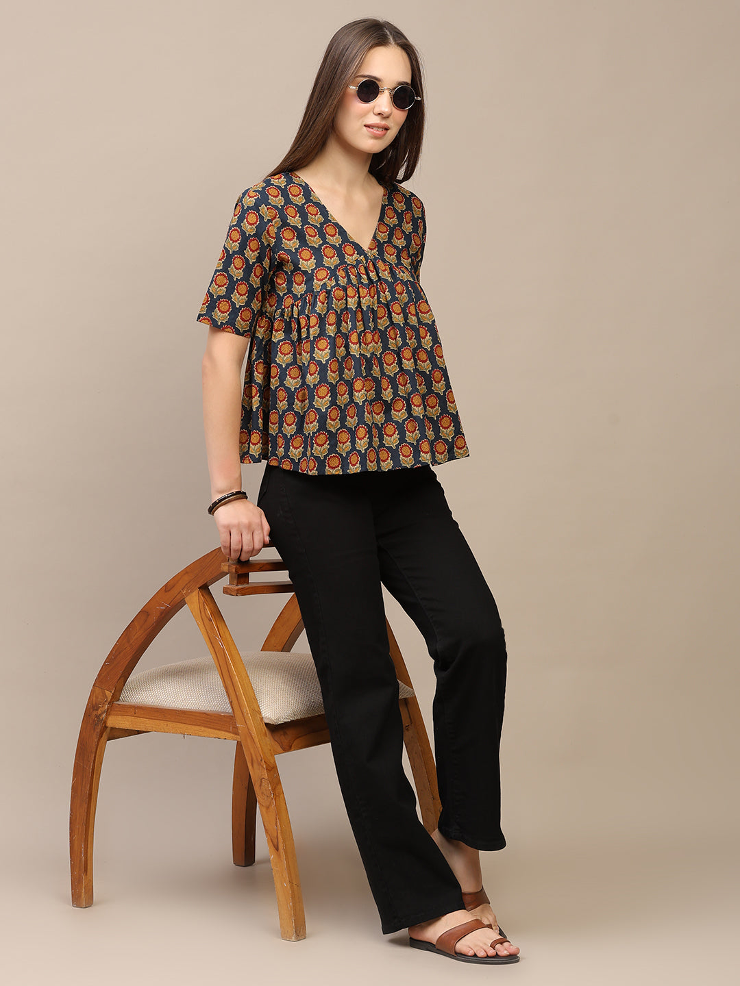Navy Blue Printed Half-Sleeve Alia-Cut Cotton Top