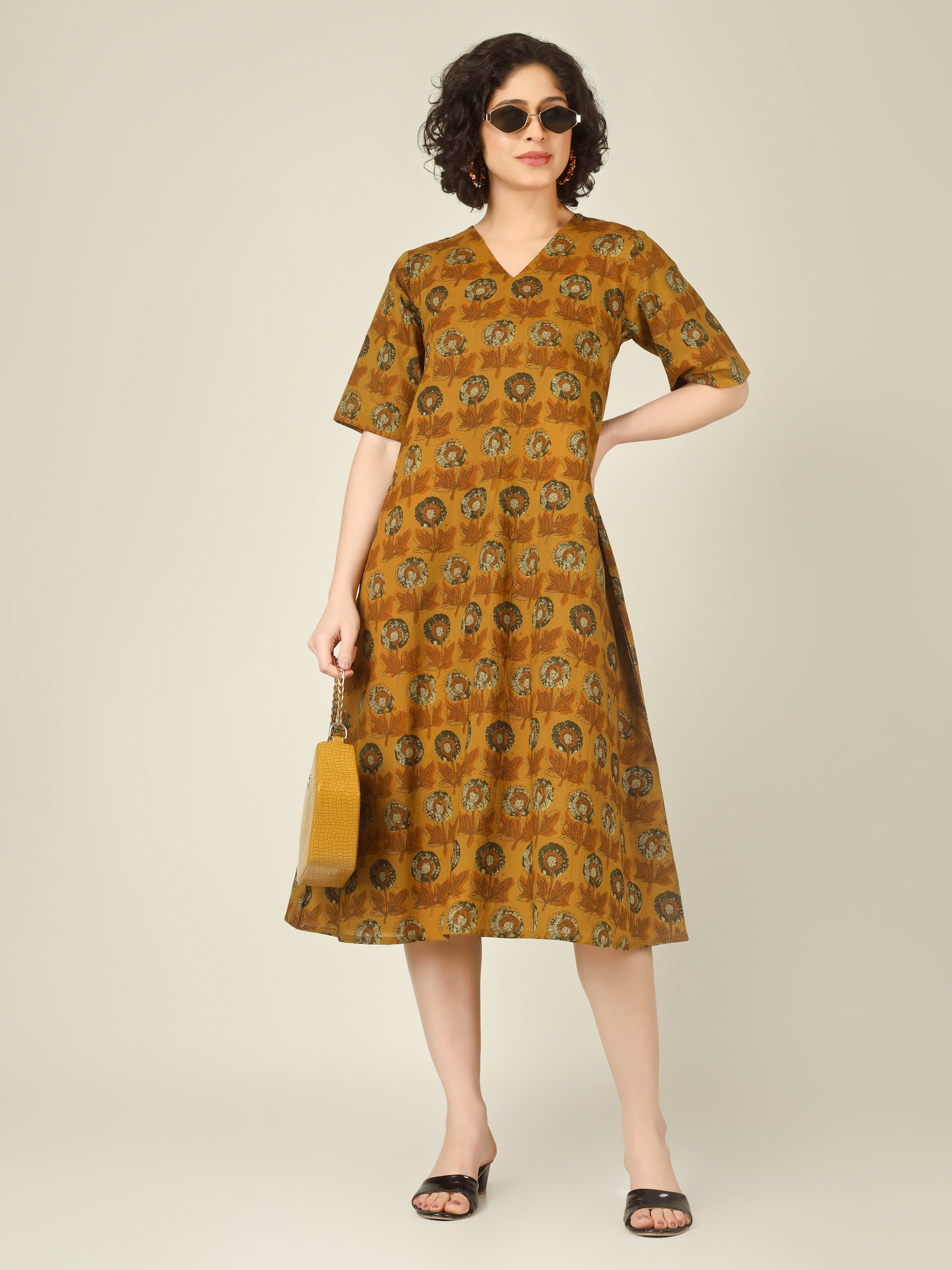 Mustard Printed Half-Sleeve A-Line Cotton Dress