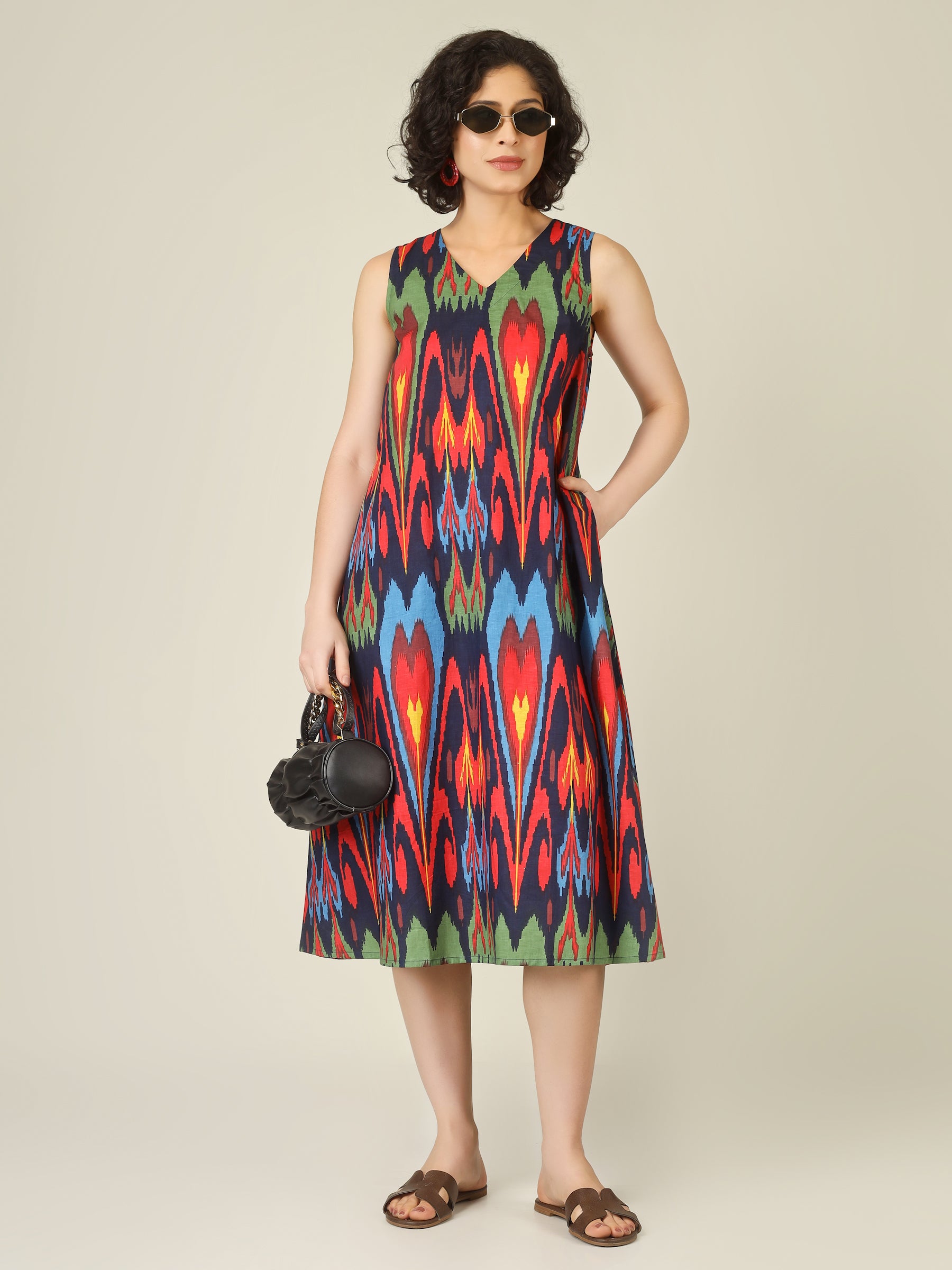 Navy Blue Printed V-Neck Sleeveless A-Line Cotton Dress