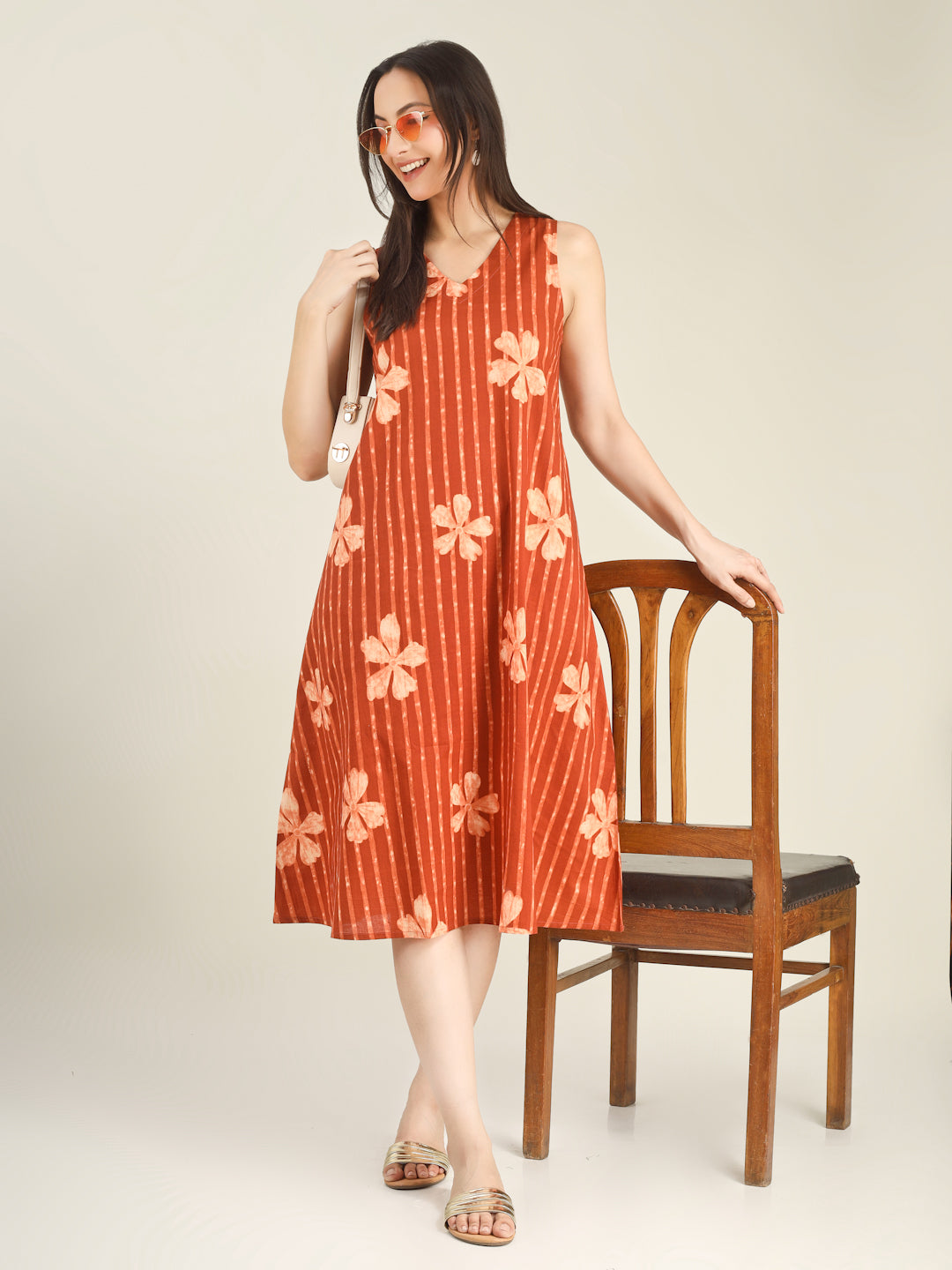 Orange Printed Sleeveless V-Neck A-Line Cotton Dress