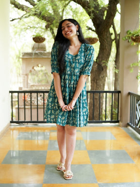 Teal Green Printed Short Cotton Dress