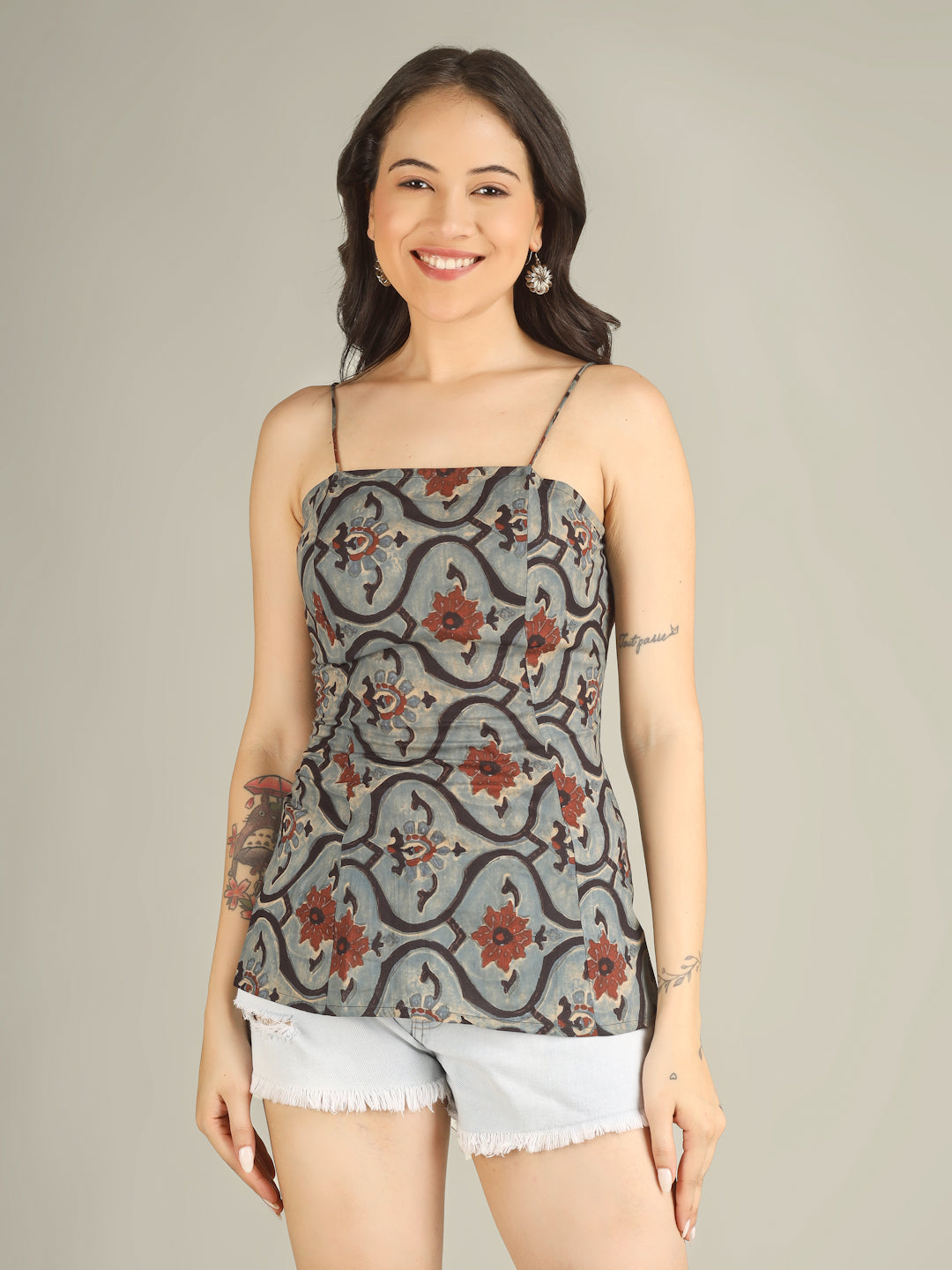 Dusty Blue Printed Cotton Corset Top
