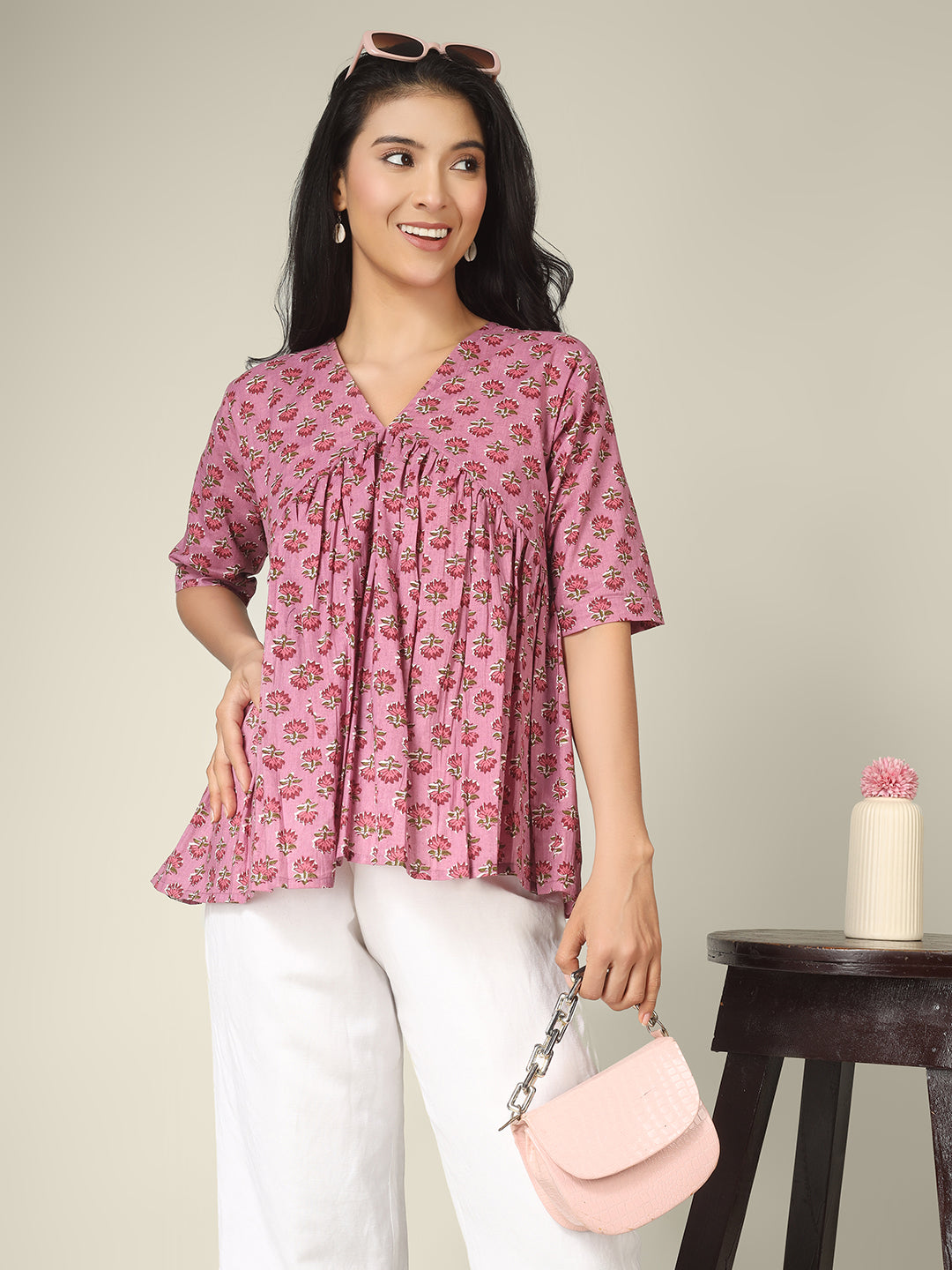 Pink Printed Half-Sleeve Alia-Cut Cotton Peplum Top