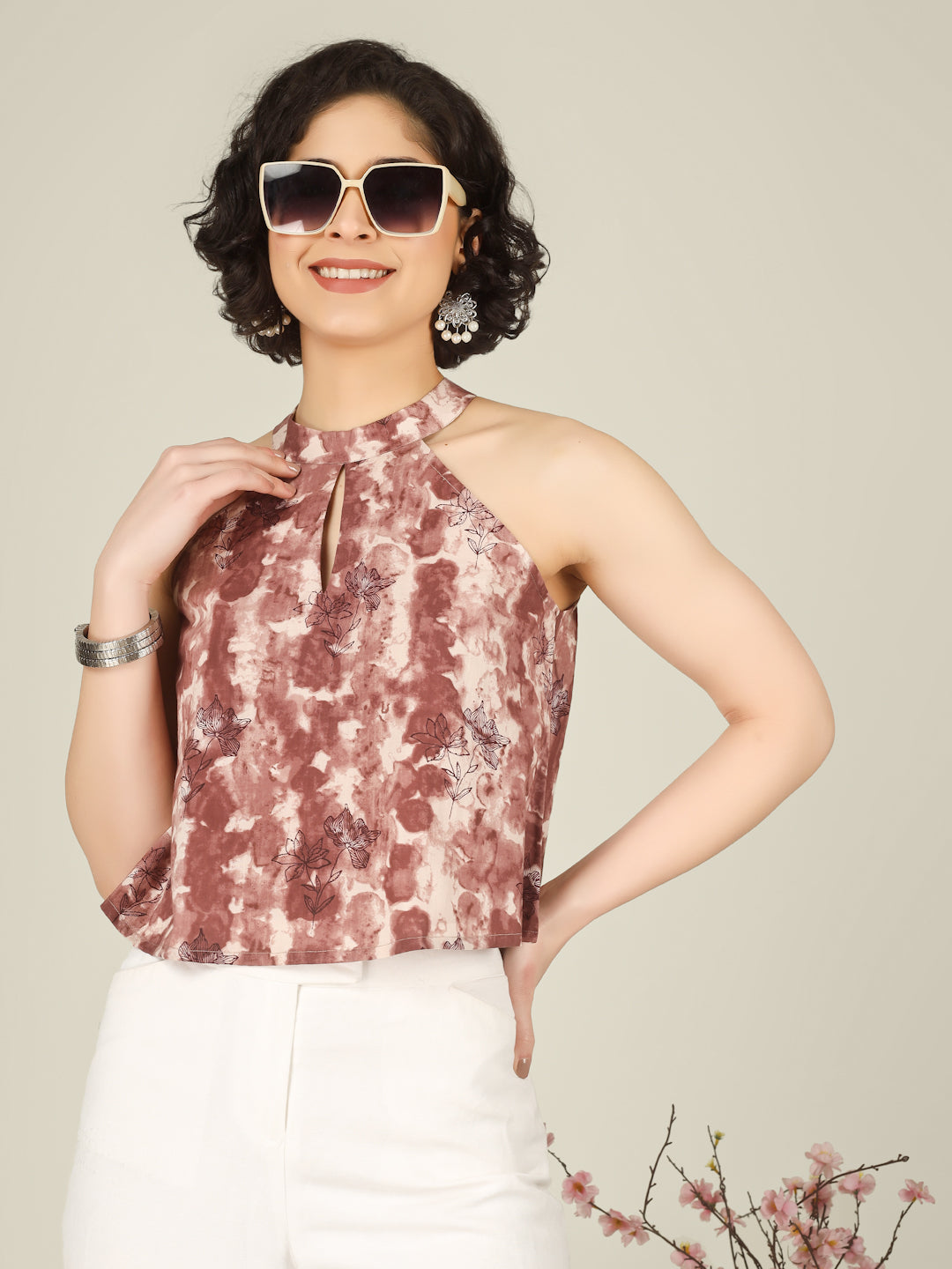 Brownish Red Printed Halter Neck Sleeveless Cotton Top