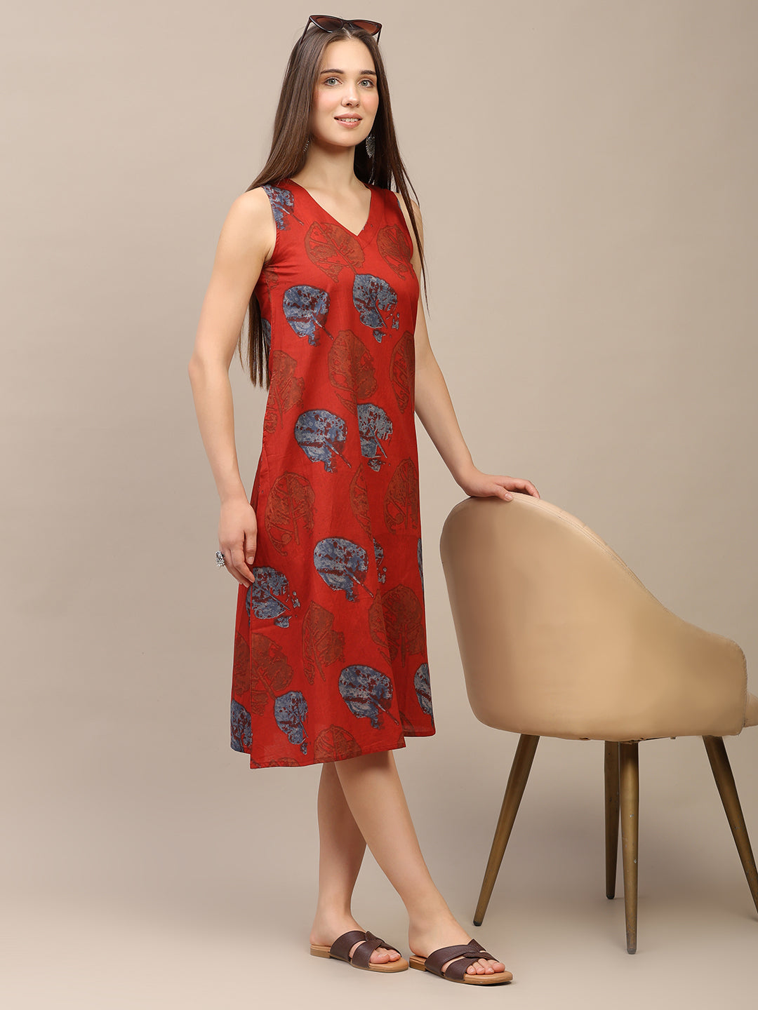 Red Printed V-Neck Sleeveless A-Line Cotton Dress