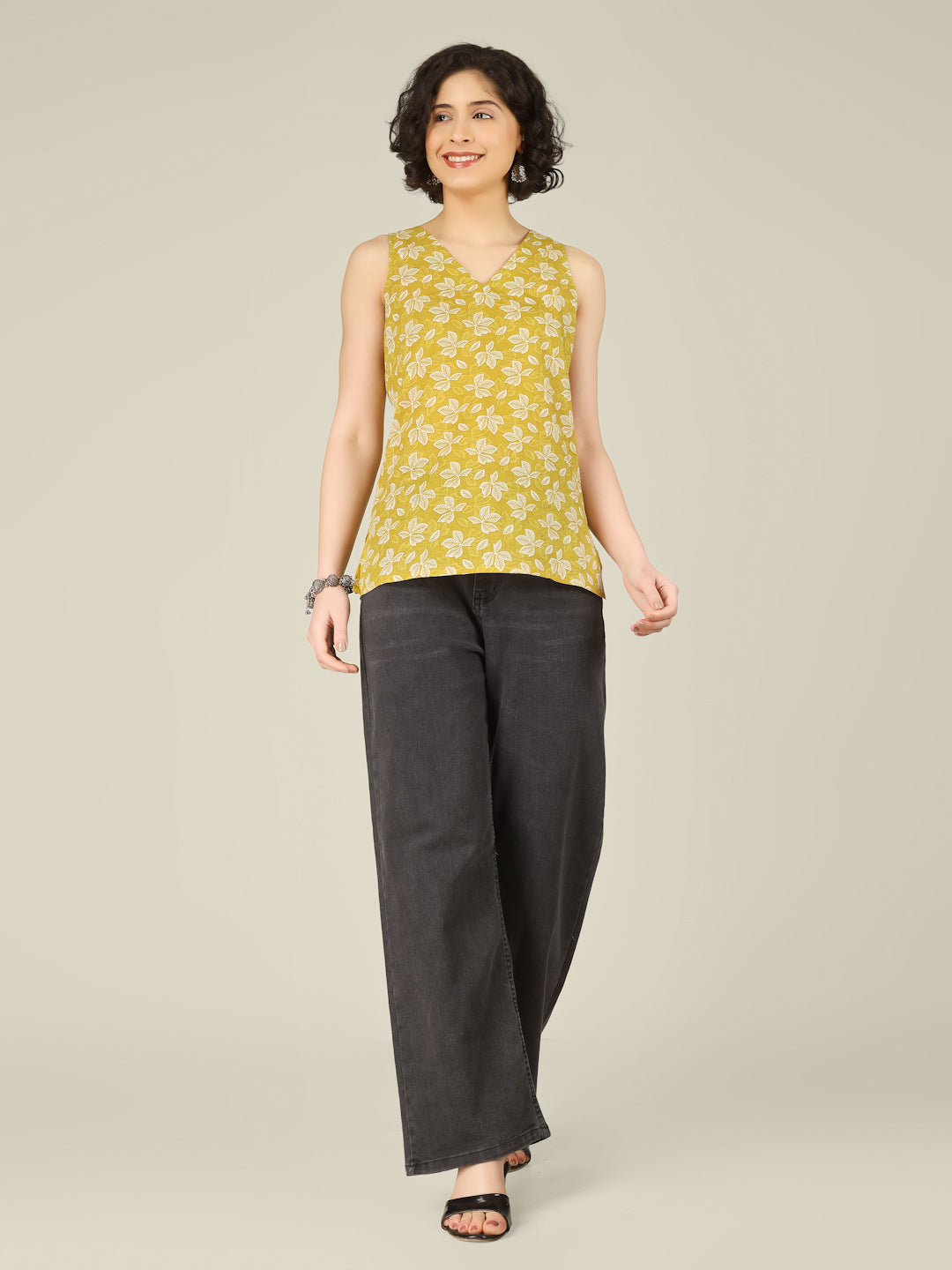 Yellow Printed Sleeveless V-Neck Cotton Top
