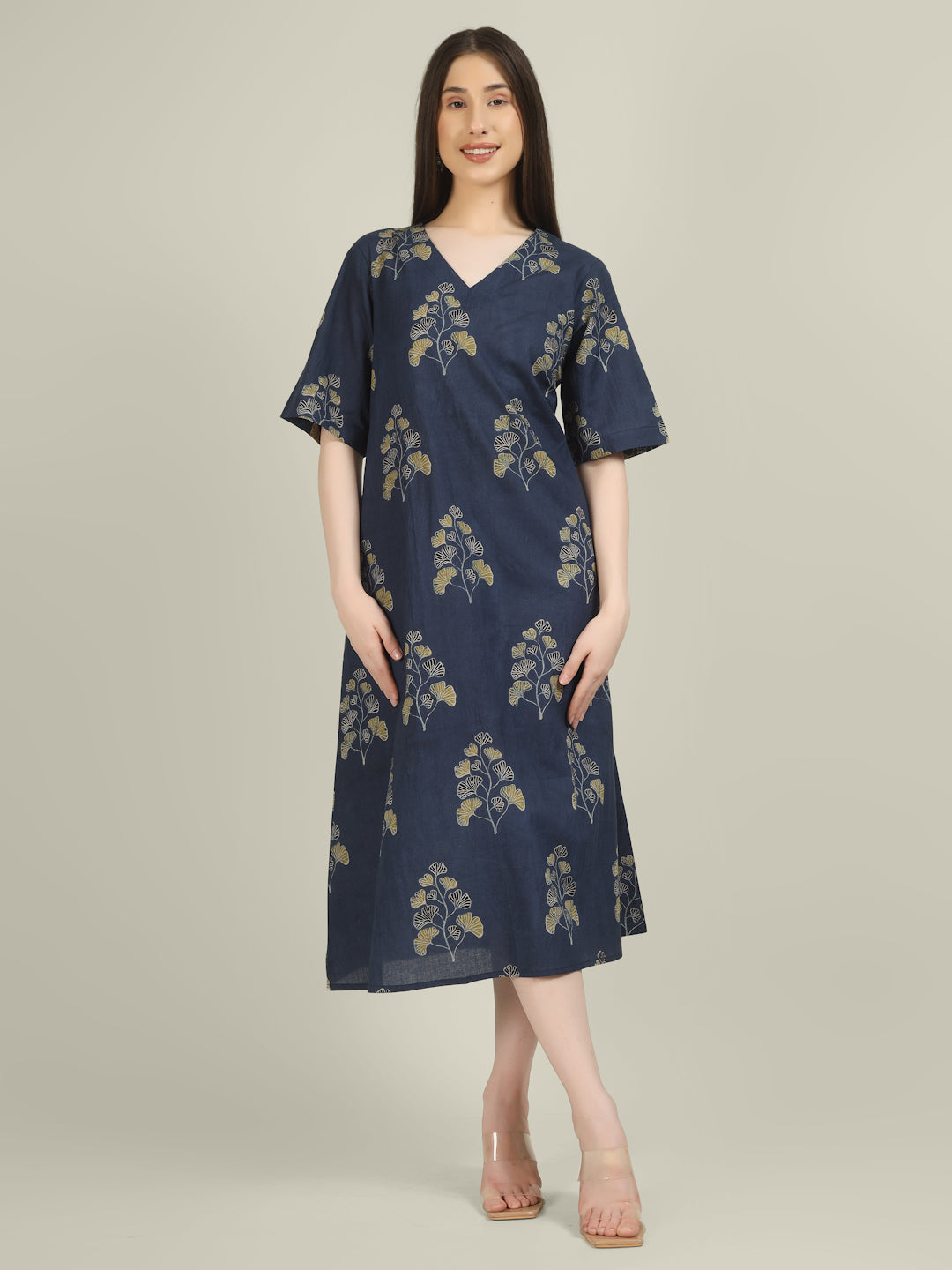 Blue Printed Half-Sleeve A-Line Cotton Dress