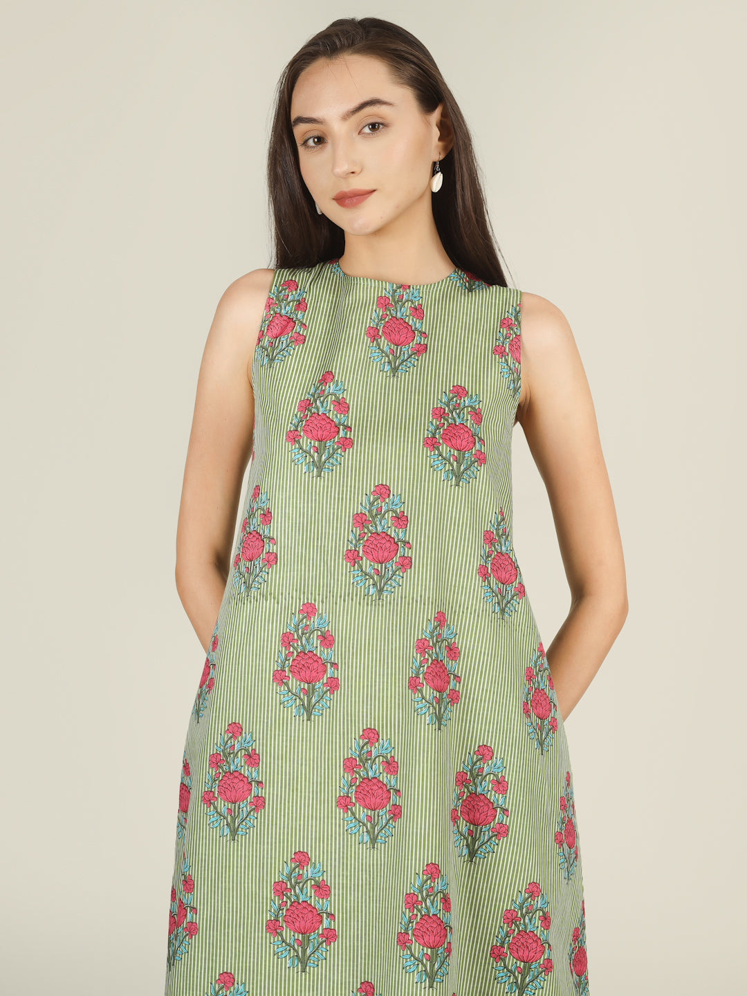 Green Striped Sleeveless A-Line Cotton Dress