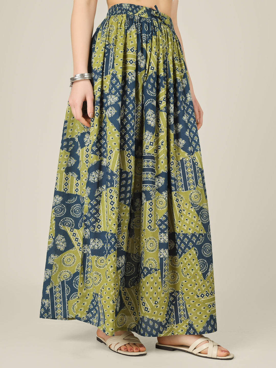 Green and Blue Printed Cotton Maxi Skirt