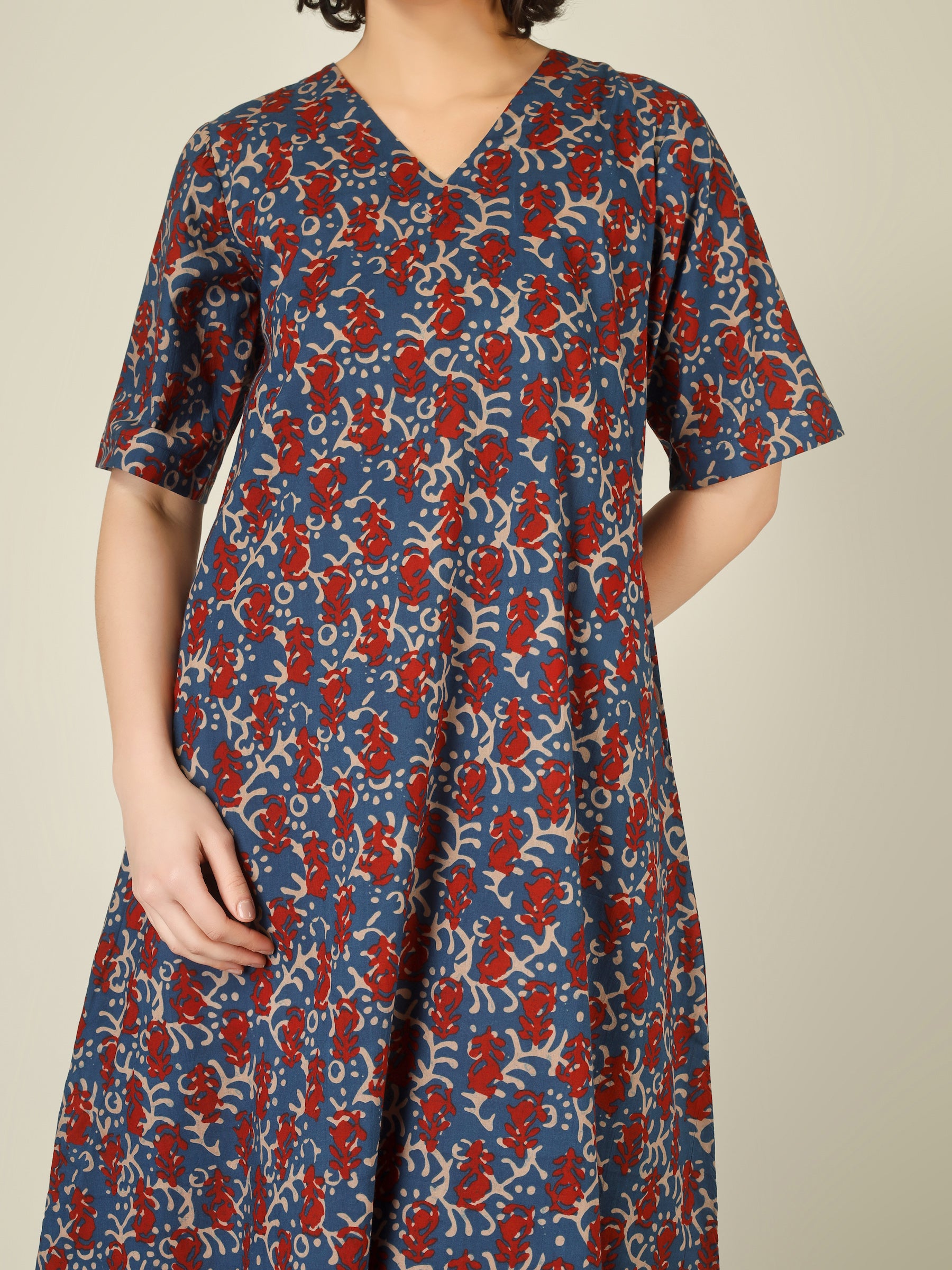 Blue Printed Half-Sleeve A-Line Cotton Dress