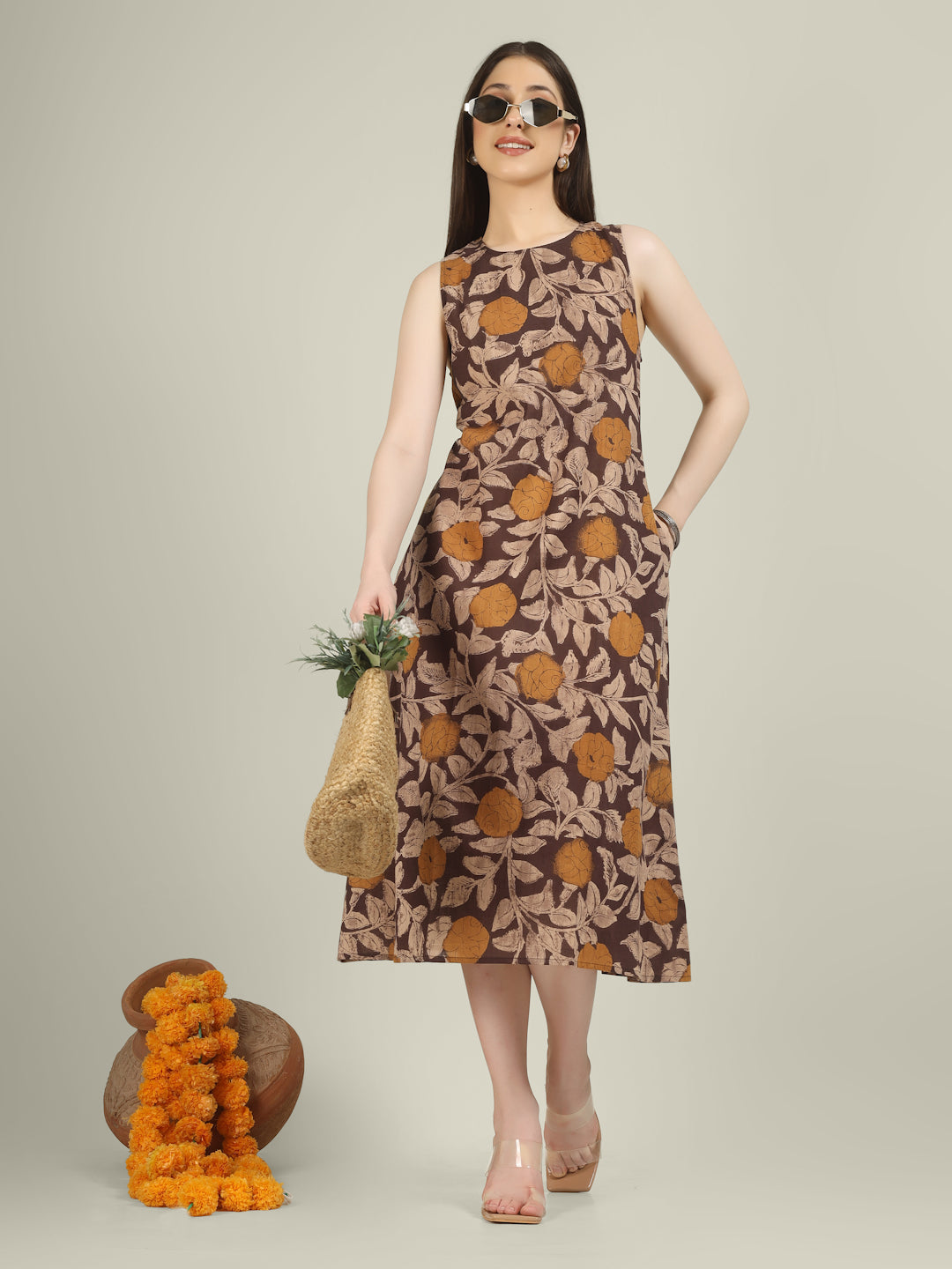 Brown Printed Sleeveless A-Line Cotton Dress