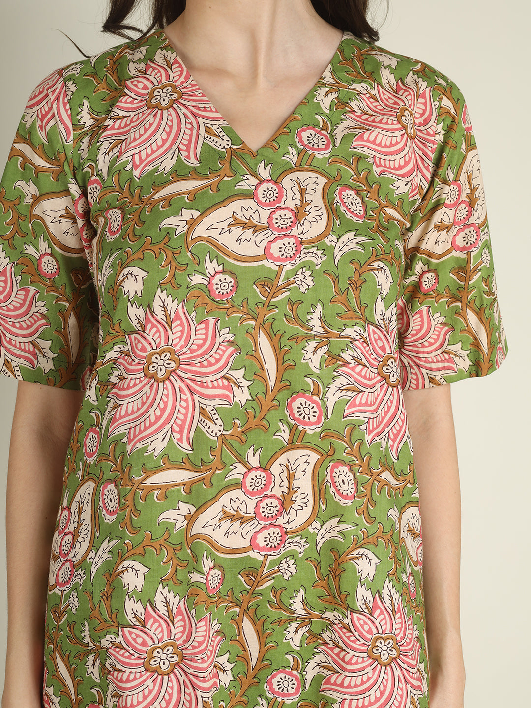 Green Printed Half-Sleeve A-Line Cotton Dress