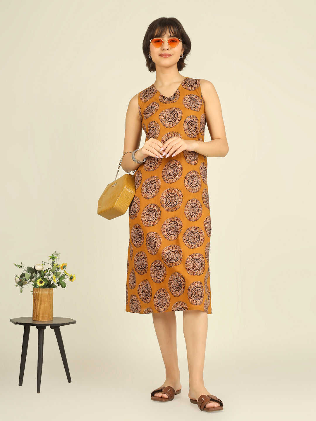 Mustard Printed V-Neck Sleeveless A-Line Cotton Dress