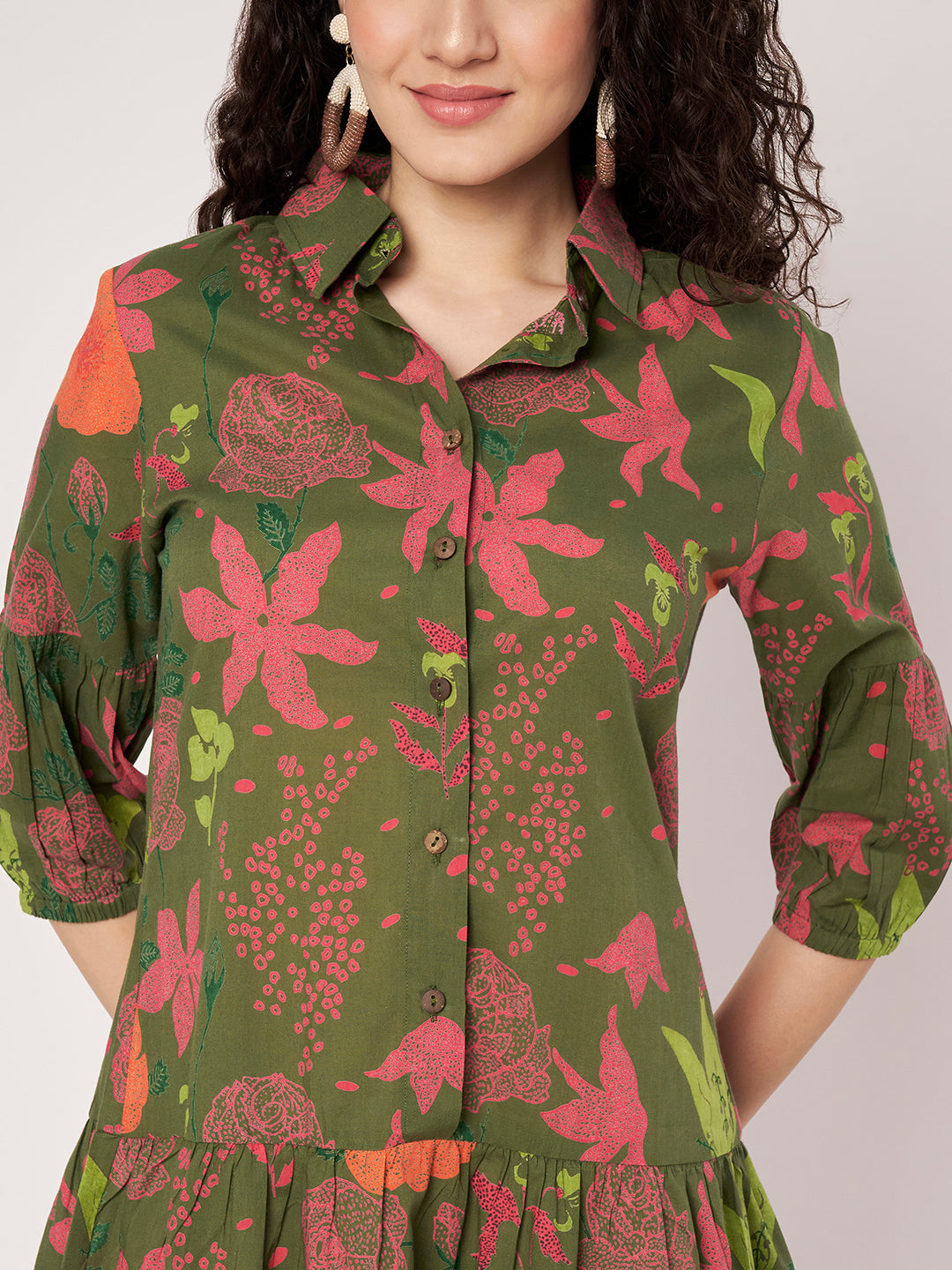 Green Printed Short Cotton Dress