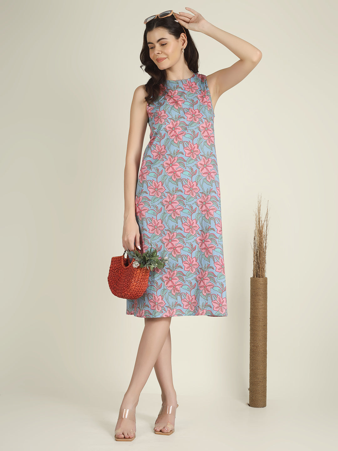 Sky Blue Printed Sleeveless A-Line Cotton Dress