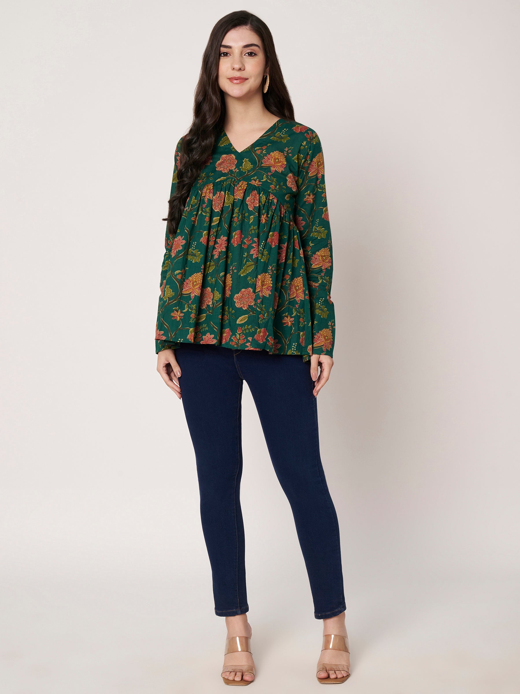 Green Printed Alia-Cut Cotton Top