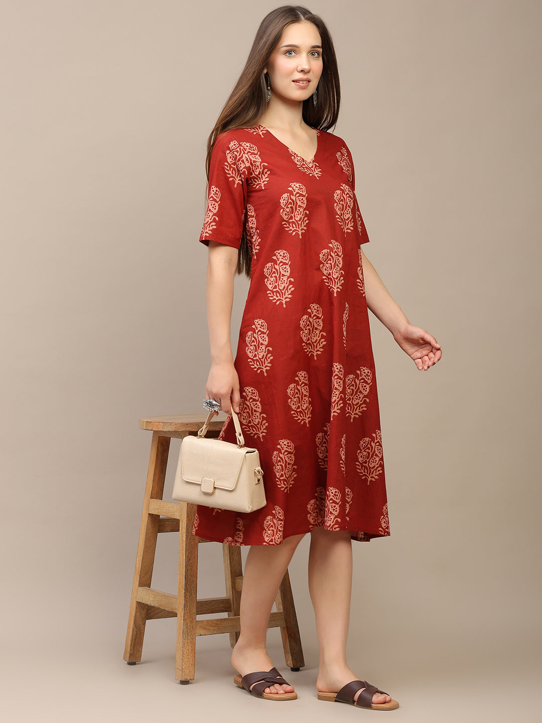 Red Printed Half-Sleeve A-Line Cotton Dress