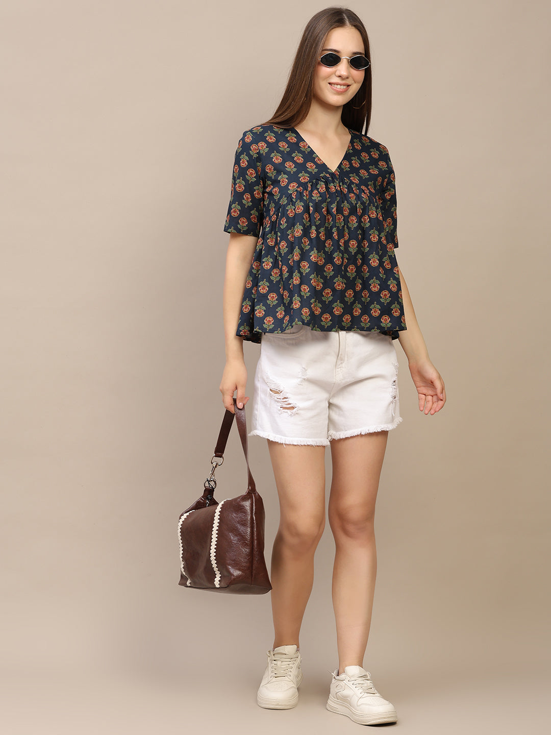 Navy Blue Printed Half-Sleeve Alia-Cut Cotton Top
