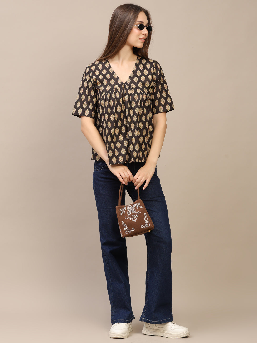 Black Printed Half-Sleeve Peplum Top