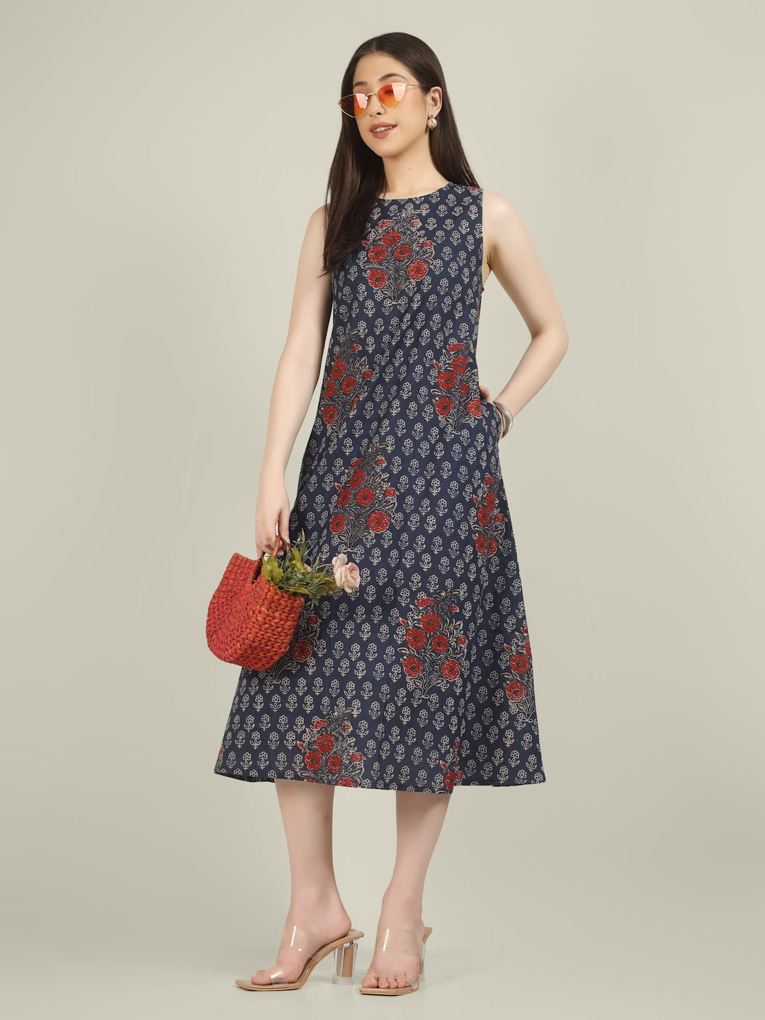 Navy Blue Printed Sleeveless A-Line Cotton Dress