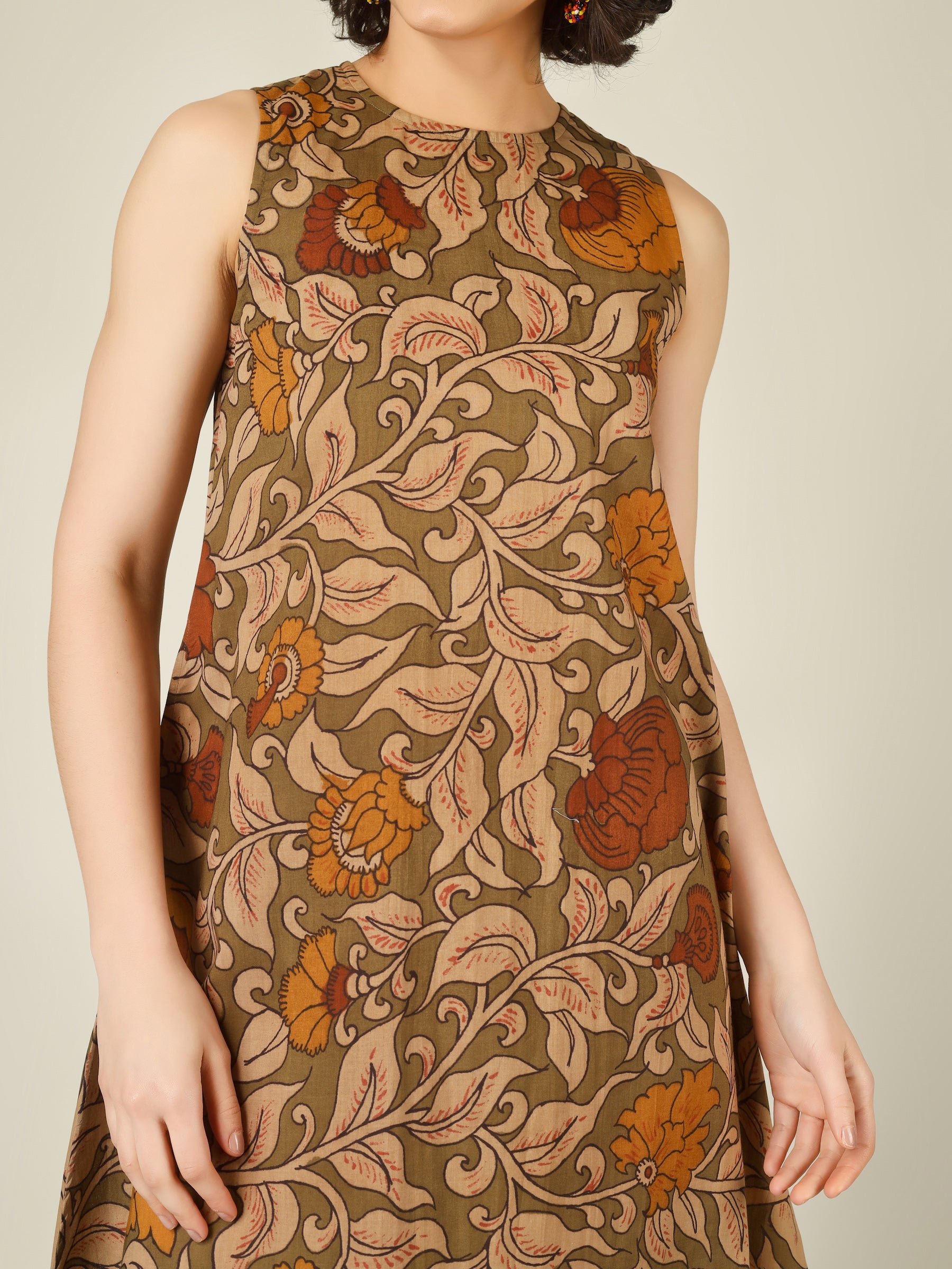 Olive Printed Sleeveless A-Line Cotton Dress
