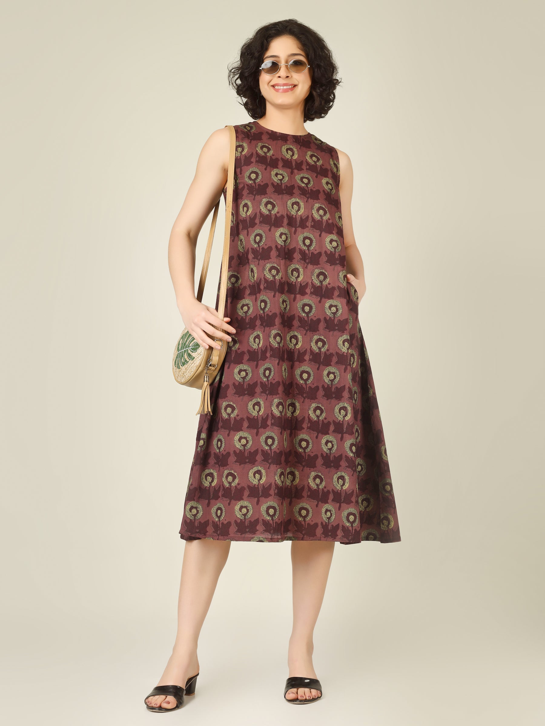 Brownish Red Printed Sleeveless A-Line Cotton Dress