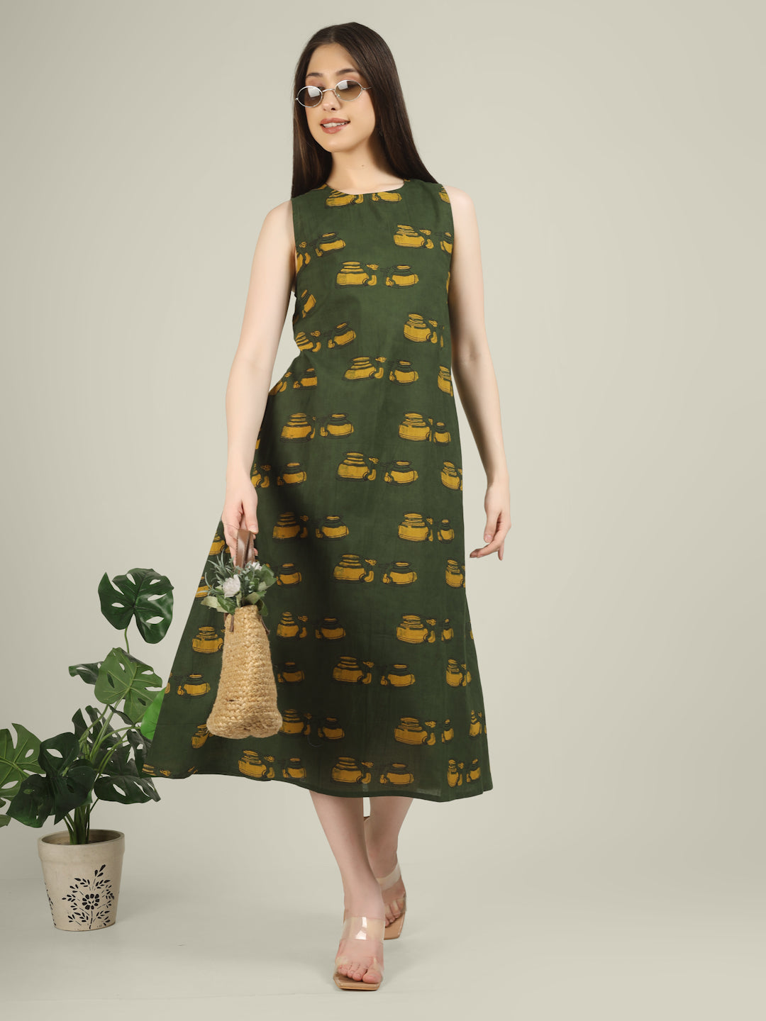 Green Printed Sleeveless A-Line Cotton Dress