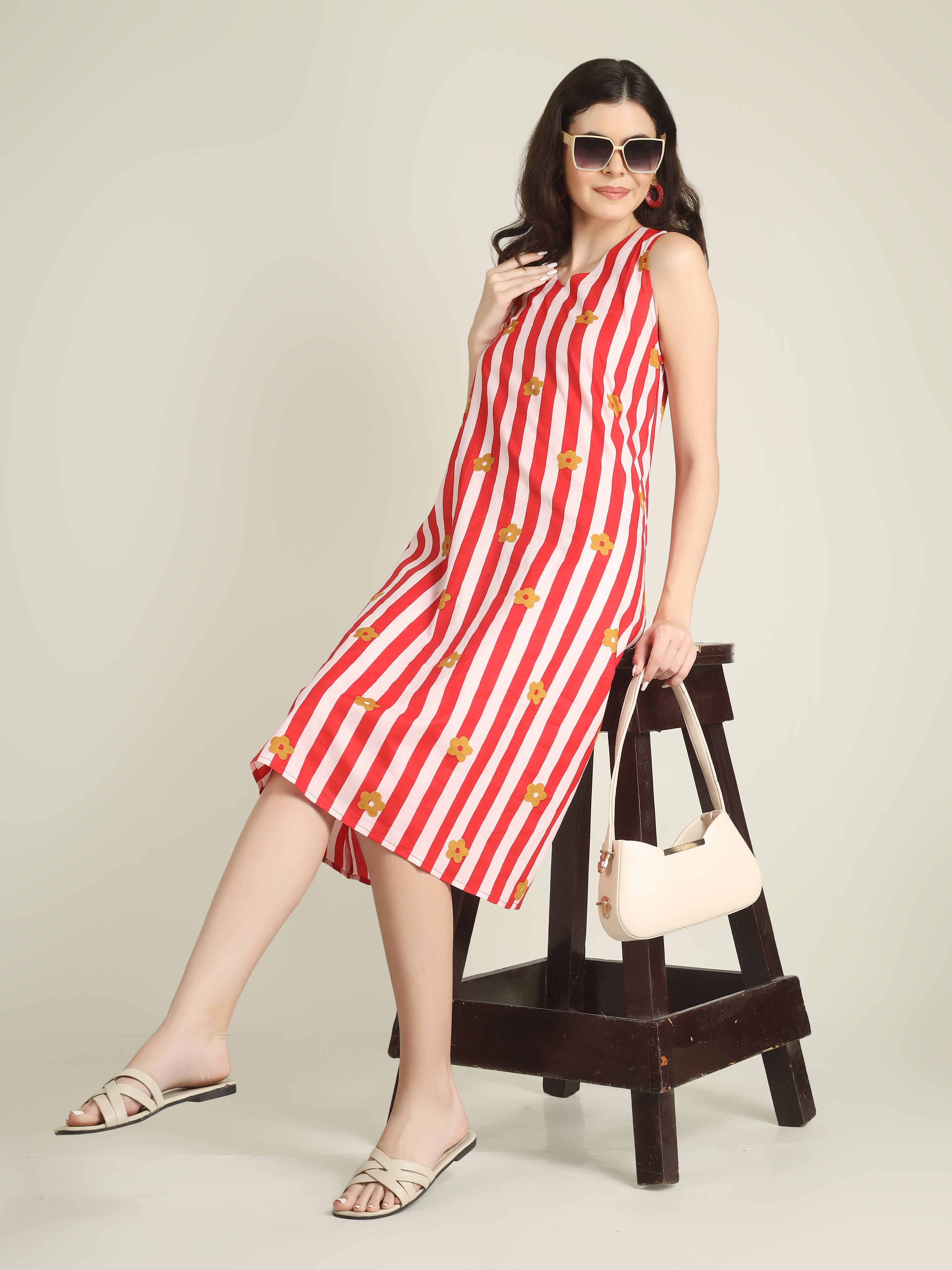 Red Striped Sleeveless V-Neck A-Line Cotton Dress